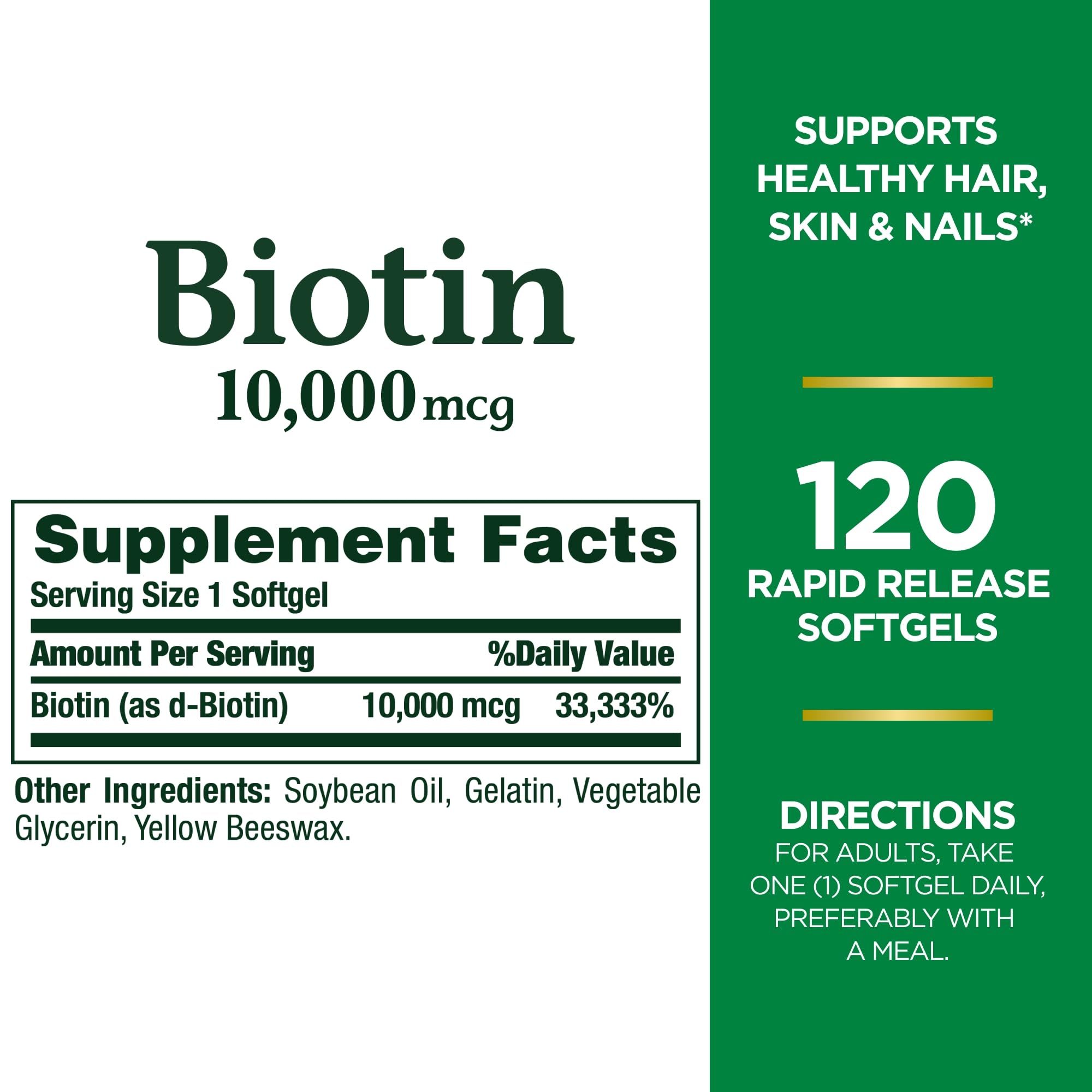 Nature's Bounty Biotin, Supports Healthy Hair, Skin and Nails, 10,000 mcg, Rapid Release Softgels, 120 Ct