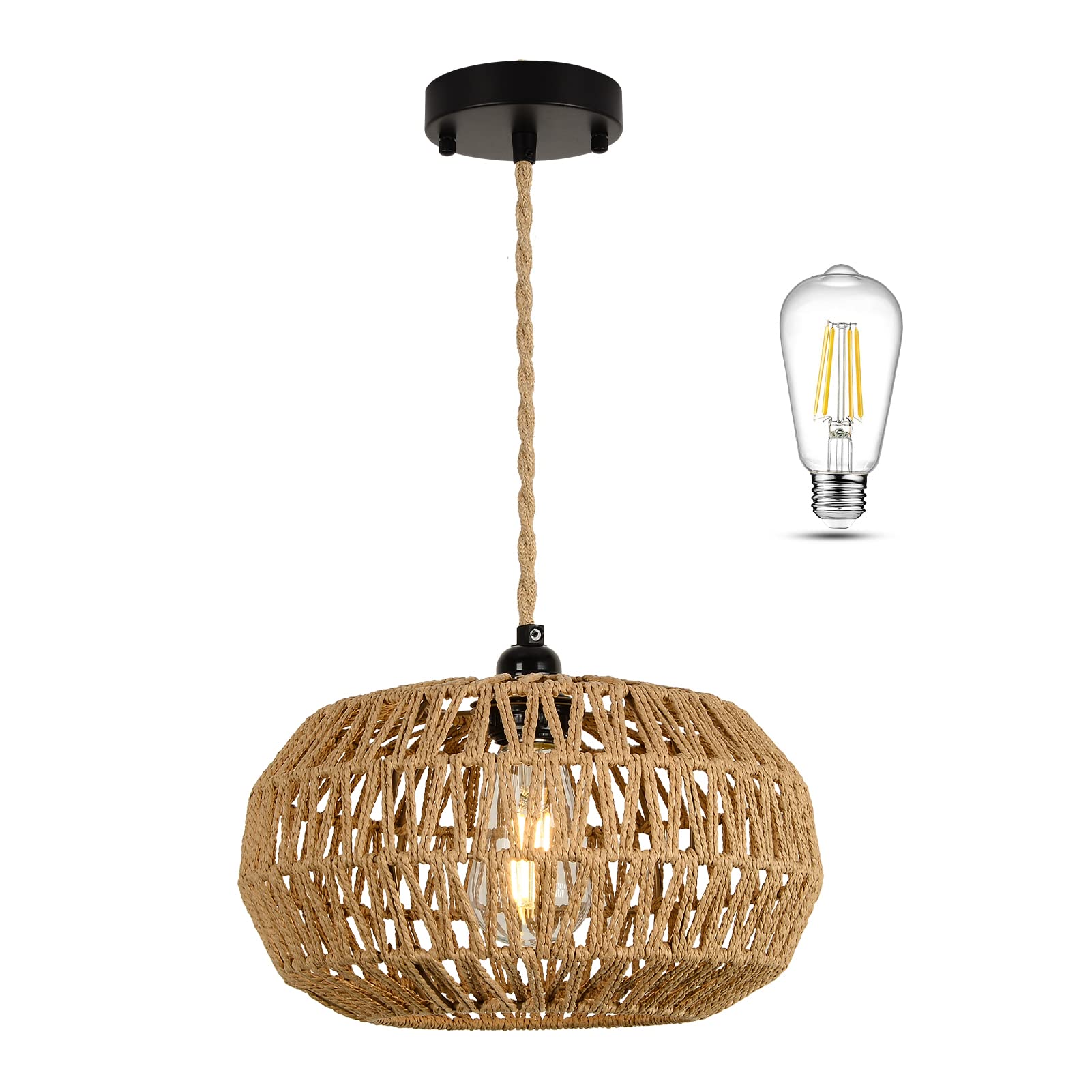 Farmhouse LED Rattan Pendant Lights, Boho Chandelier Light Fixture, Rustic Wicker Hand Woven Rope Cage Basket Pendant Hanging for Dining Room Living Room Kitchen Bedroom Nursery Foyer Hallway Entryway