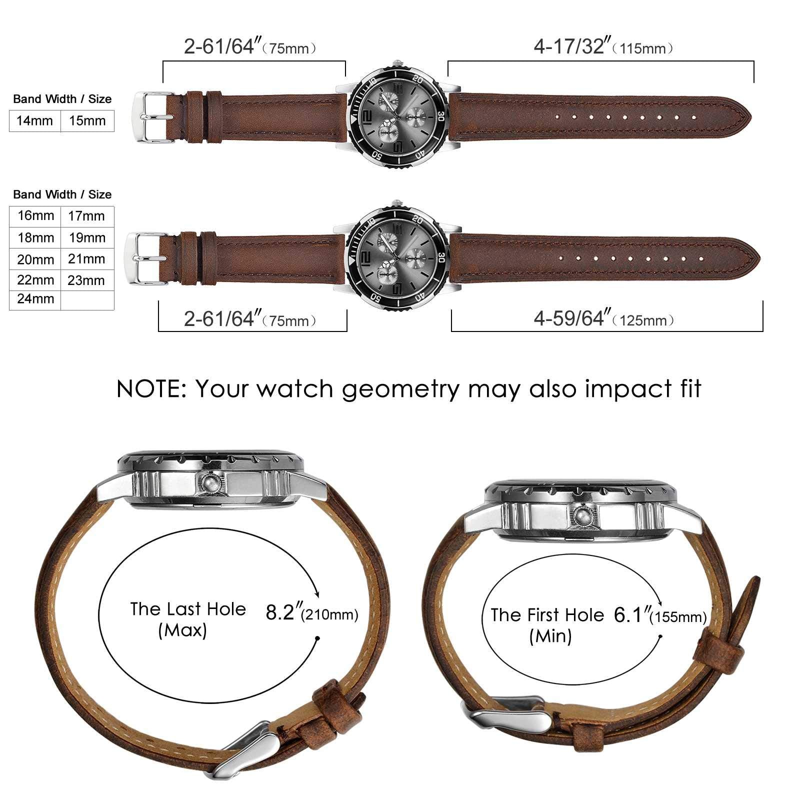 BISONSTRAP Watch Strap 18mm, Vintage Leather Replacement Watch Band, Brown