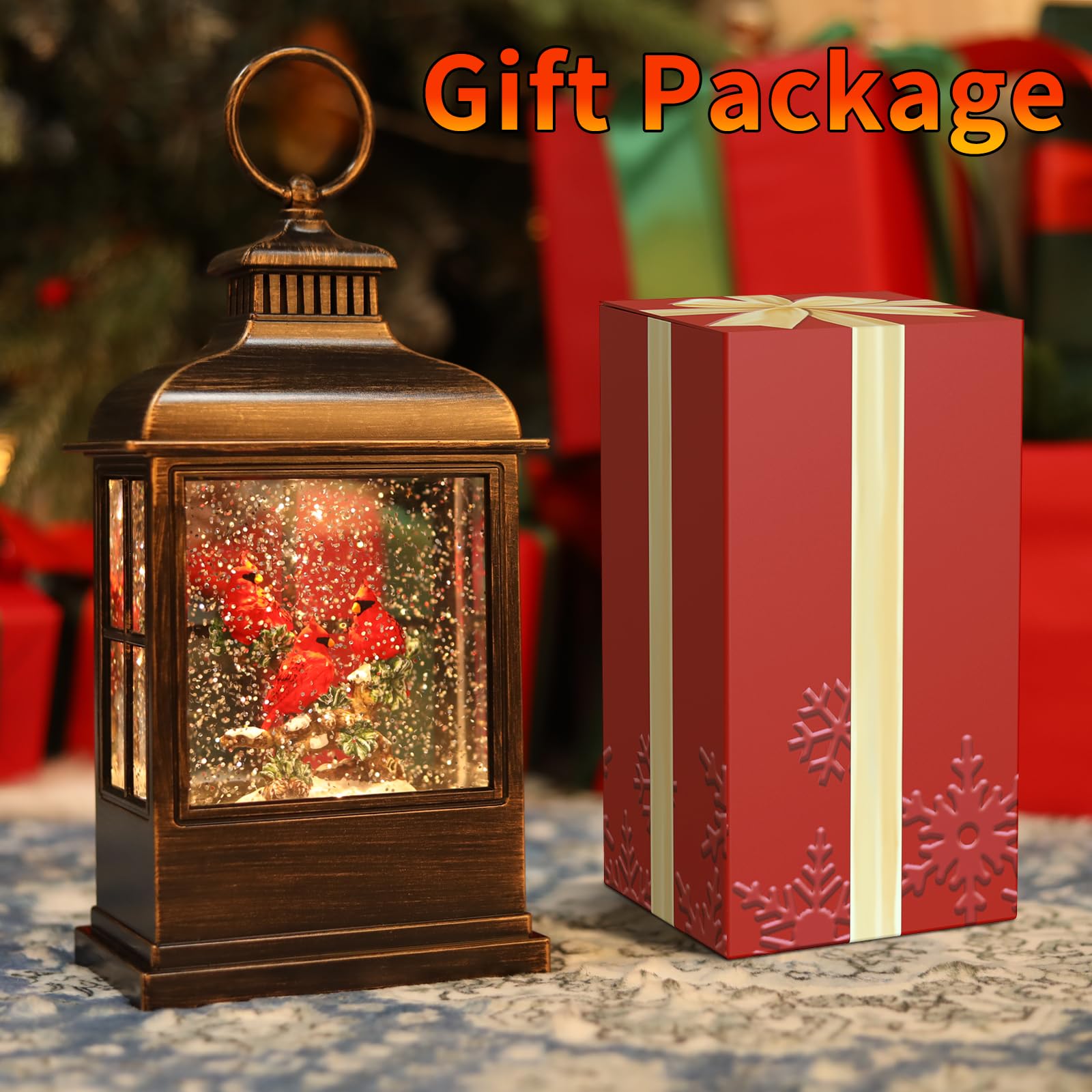 Christmas Snow Globe Lantern 6H Timer-Cardinal Bird in Musical LED Glittering,USB & Battery Operated, Music Box for Christmas Home Décor and Gift Decorations