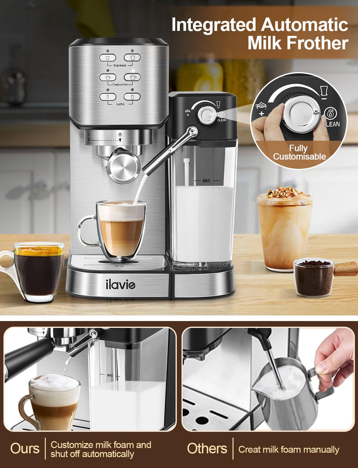 ILAVIE Espresso Machine 20 Bar, 6 in 1 Espresso Coffee Machine Built In Milk Frother for Espresso, Cappuccino and latte with 1000ML Water Tank, 1350W