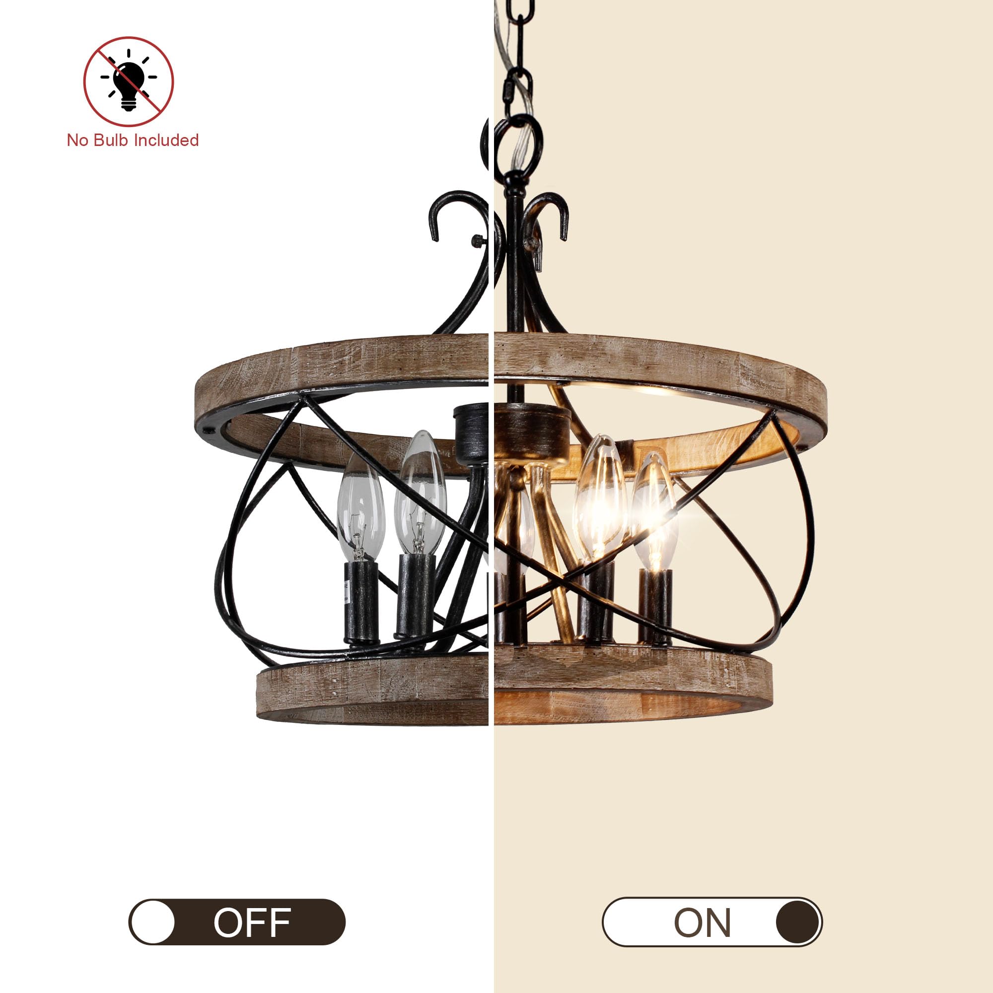 5-Light Farmhouse Wood Chandelier Light Fixture, 15.7" French Country Rustic Industrial Drum Hanging Pendant Lighting Over Table for Kitchen Island Dining Room Entryway