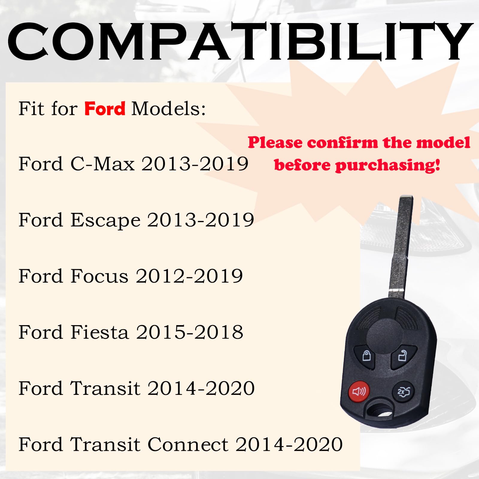 SUPALAND Keyless Entry Remote Control Head Key Fob Replacement Fits for Ford Focus 2012 2013 2014 2015 2016 2017 2018 2019 C-MAX Escape Fiesta 2015-2018 Transit Connect 164-R8046 OUCD6000022
