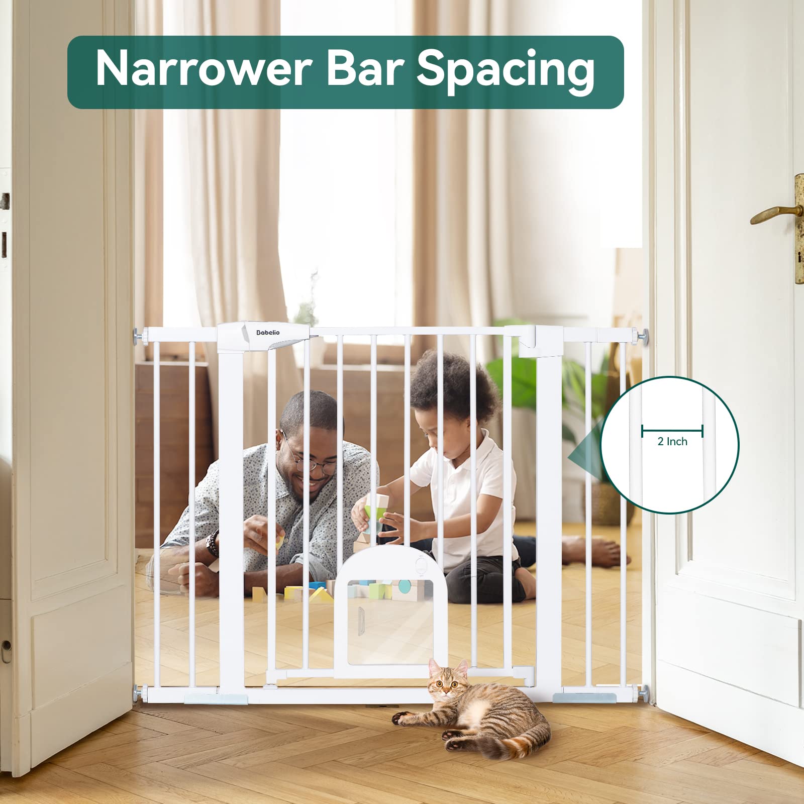 Babelio Baby Gate with Adjustable Cat Door, 29-43" Auto Close Durable Dog Gate for Stairs, Doorways and House, Easy Walk Thru Safety Gate with Pet Door, White