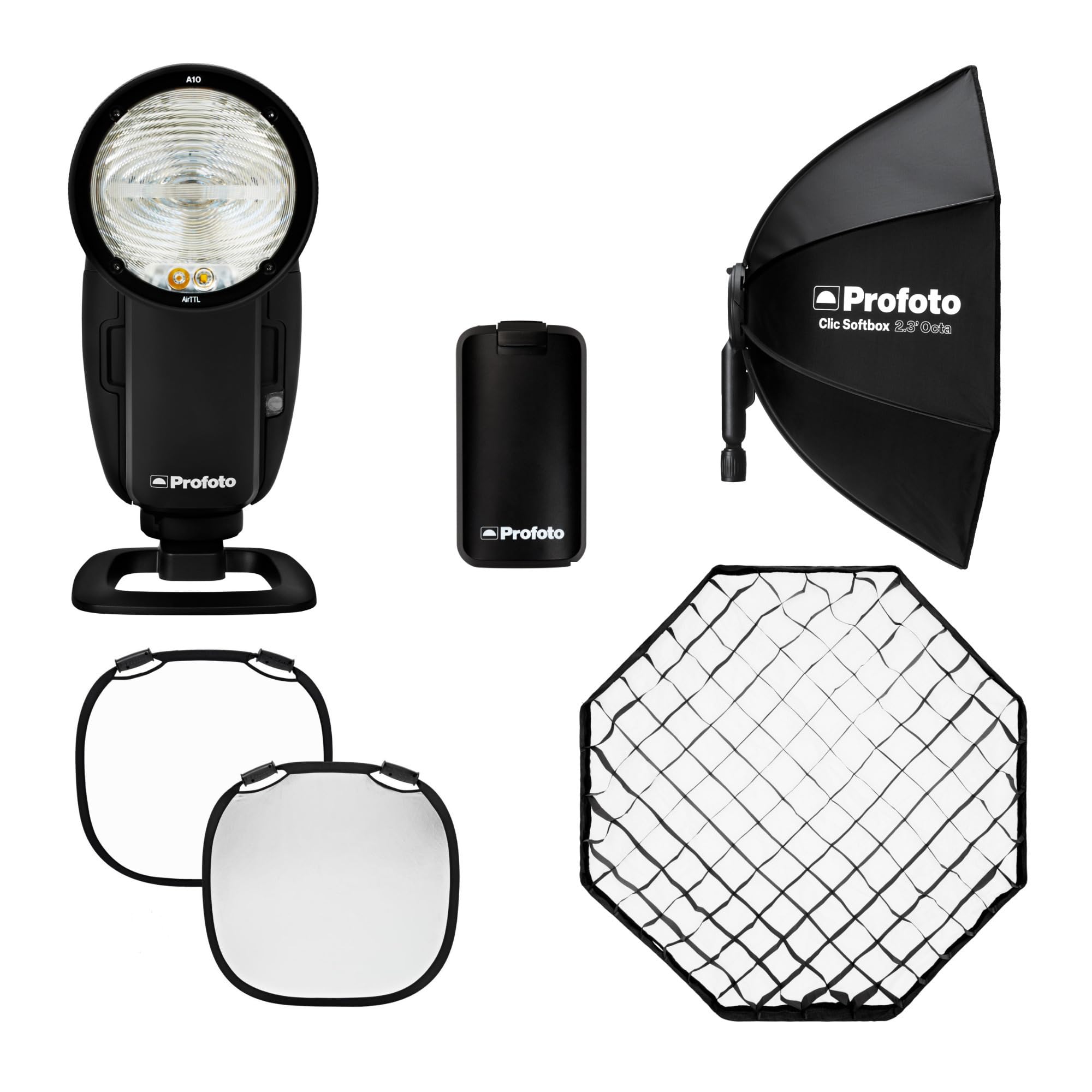 Profoto A10 On-Camera Flash Light for Sony Bundle with Clic Softbox 2.3 Octa, Clic Softgrid 2.3 Octa, Li-Ion Rechargeable Battery, and Collapsible Reflector (5 Items)