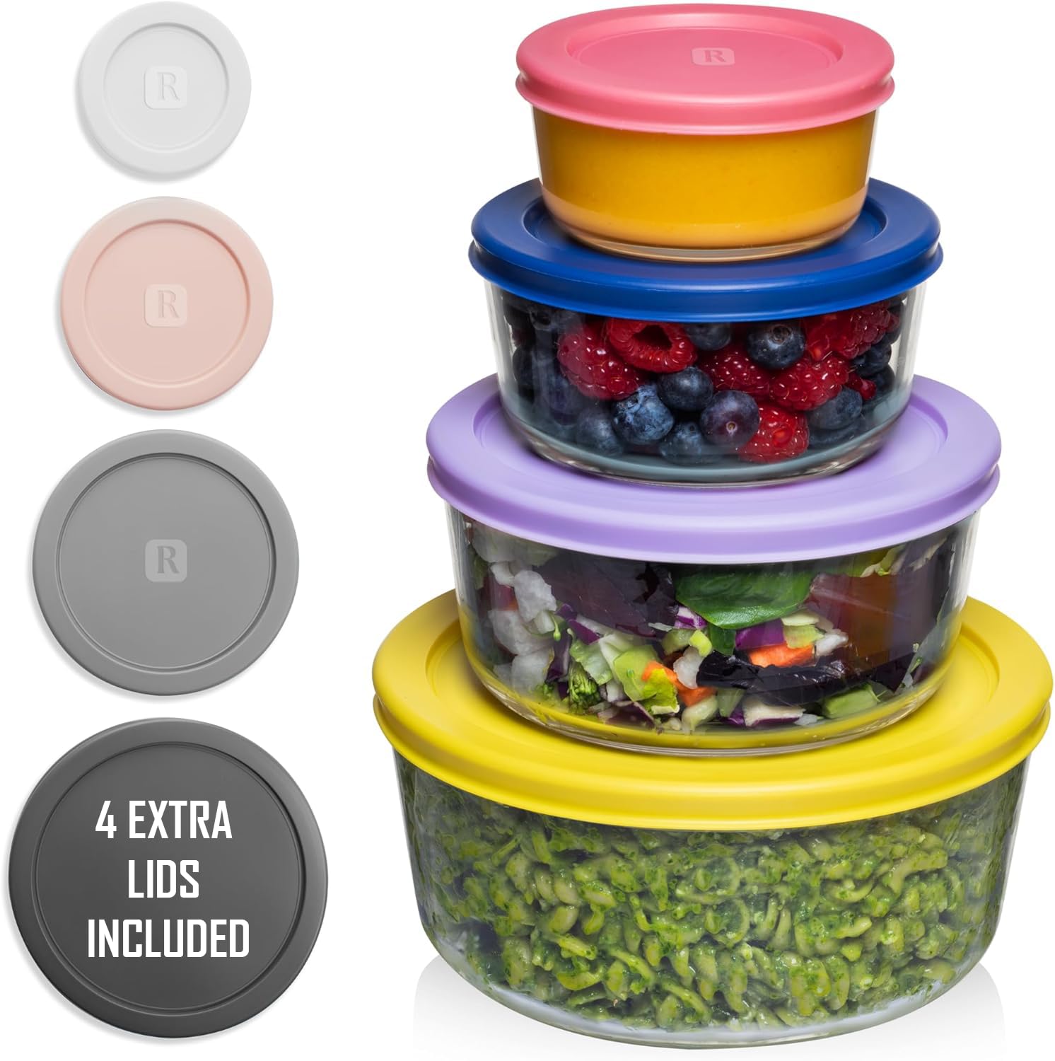 Razab 12 Pc Glass Bowls with Lids - 4 Containers + 8 Lids [56, 32, 16 & 8 Oz] Round Food Storage Containers, Glass Meal Prep Containers for Freezer - Mixing Bowls, Microwave, Dishwasher & Oven Safe