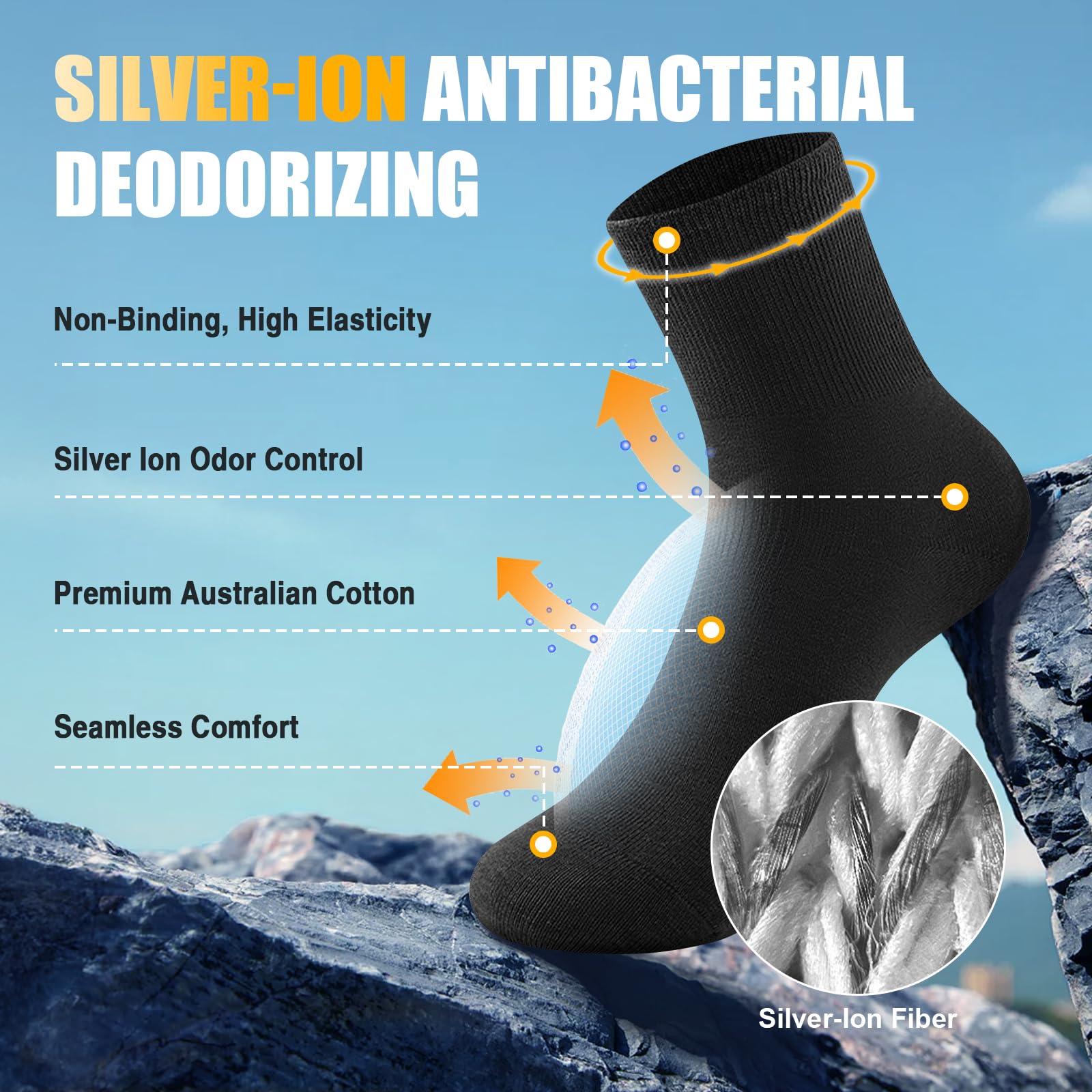 KAVOBO Men's Silver Ion Moisture Wicking Socks - Odor Control Defense Mid-Calf, Breathable Cotton Gift Pack