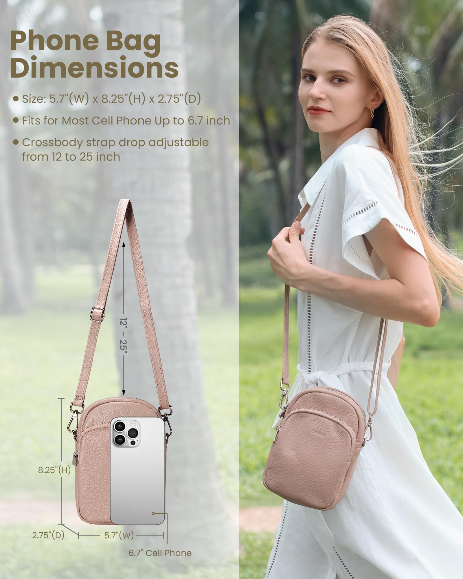 befen Nude Pink Genuine Leather Small Crossbody Bags for Women Cellphone Purses Shoulder Bag with RFID Blocking Card Slots