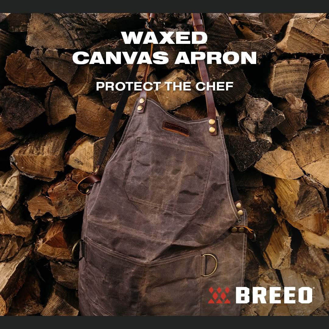 Breeo Waxed Canvas Apron - Leather Straps - D Rings & Pockets - Adjustable Straps