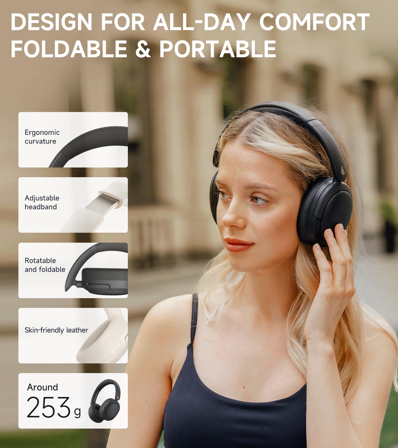 Edifier W800BT Pro Hybrid Active Noise Cancelling Headphones - Hi-Res Audio - AI Call Noise Cancellation - 45H Playtime - Fast Charging - Foldable - Wireless Over-Ear Bluetooth 5.4 Headphones - Black