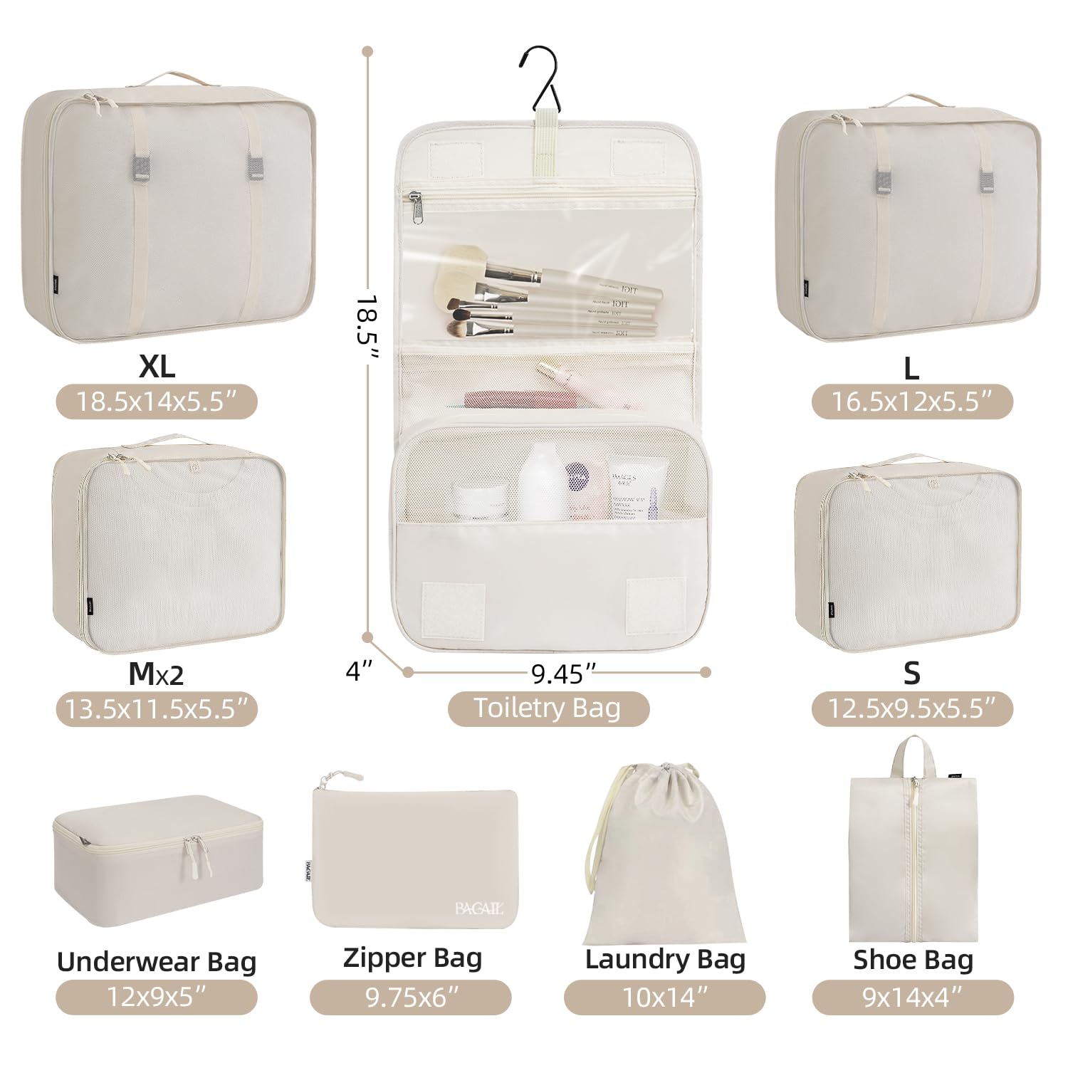 BAGAIL 10 Set Packing Cubes Various Sizes Packing Organizer for Travel Accessories Luggage Carry On Suitcase-Cream