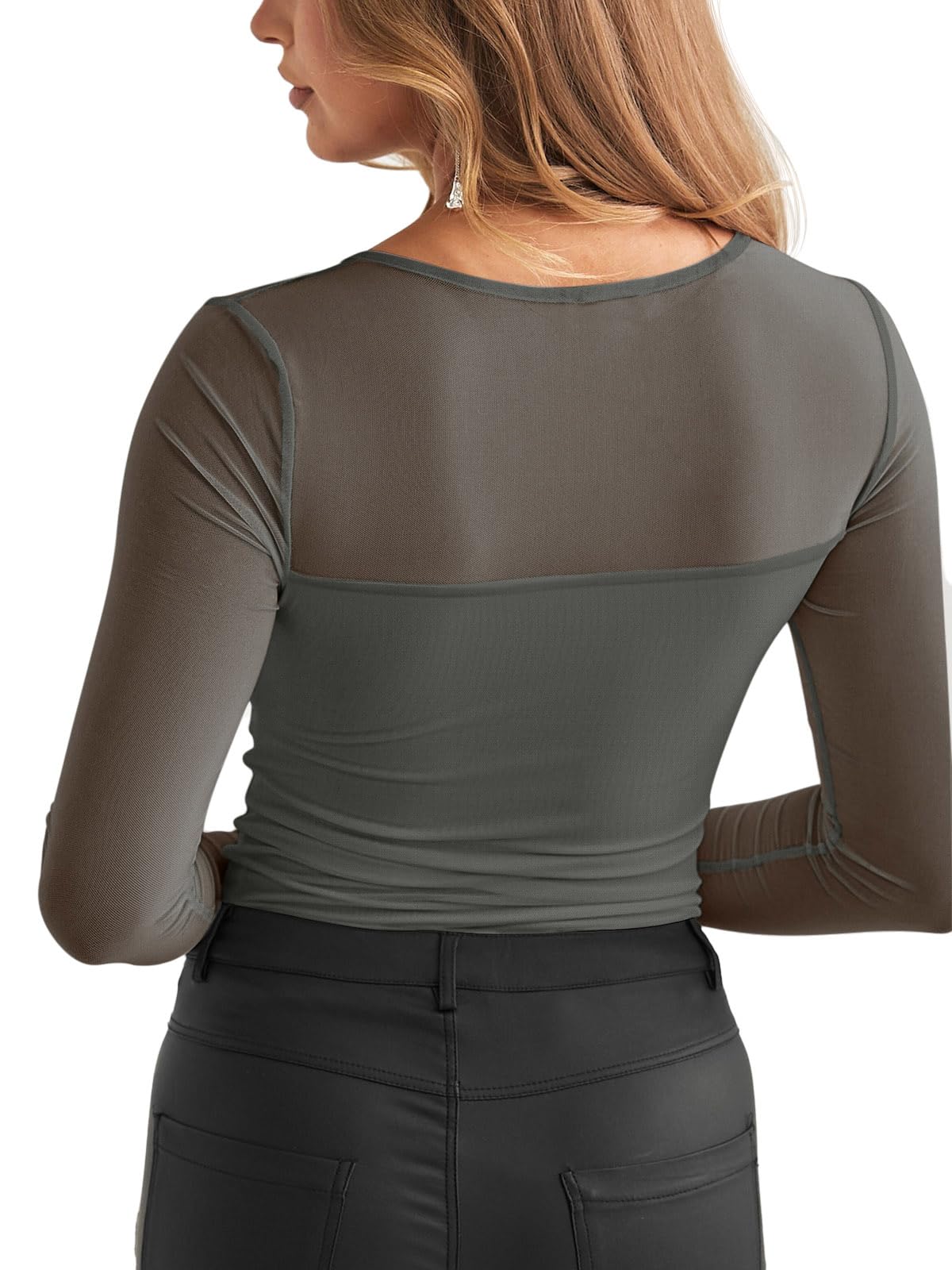 REORIA Women's Fall Sexy Round Neck Front Twist Knot Long Sleeve Sheer Mesh Slimming Ruched Trendy Going Out Bodysuit Tops For Night Out Grey Green Small