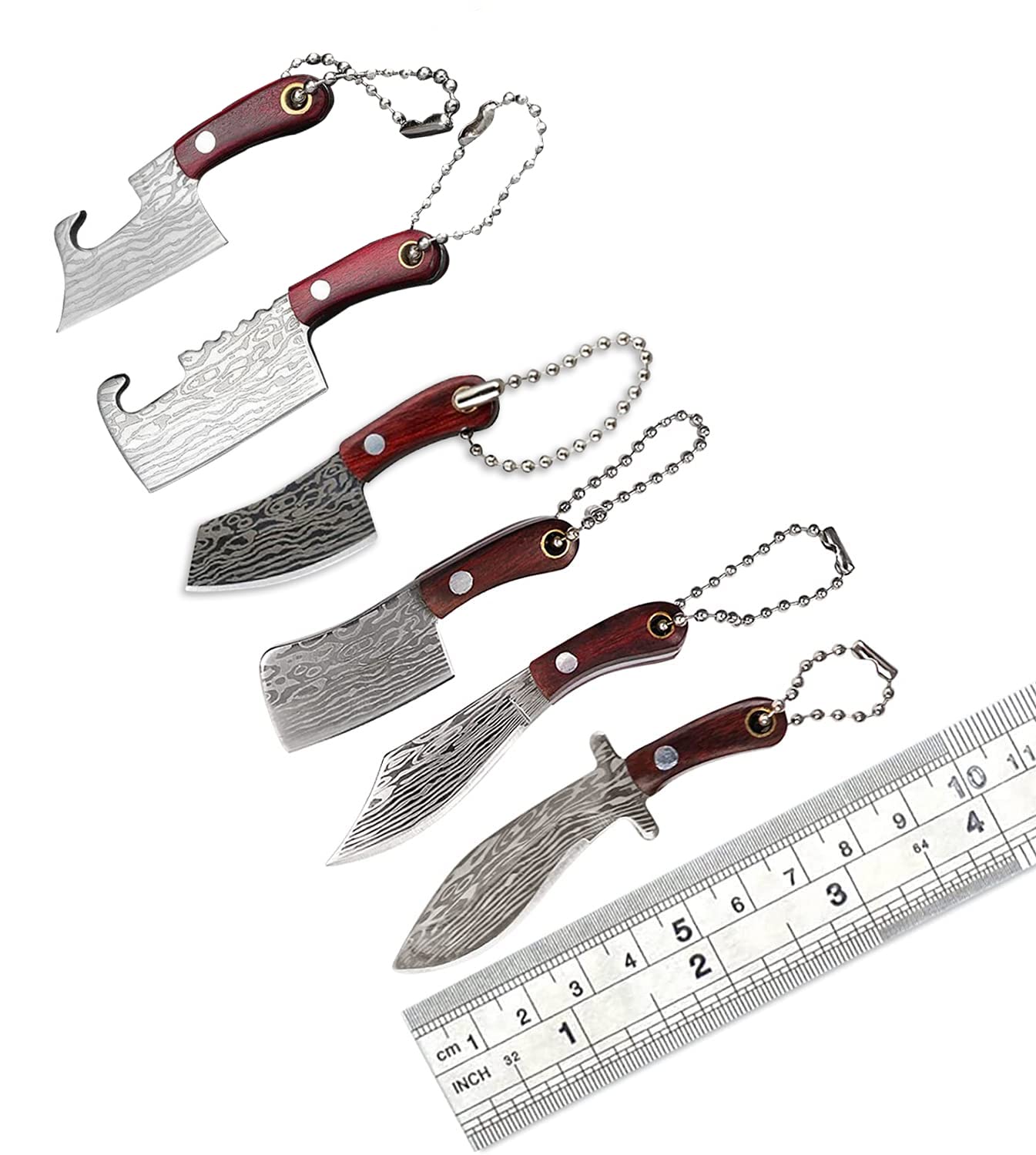 Damascus Pocket Knife Set Mini Chef Knife with Sheath, Tiny Knife EDC Knives Small Knife Cleaver, Package Opener, Box Cutter Bottle Opener Keychain Tiny Things with Pocket Knife Sharpener - Set of 7