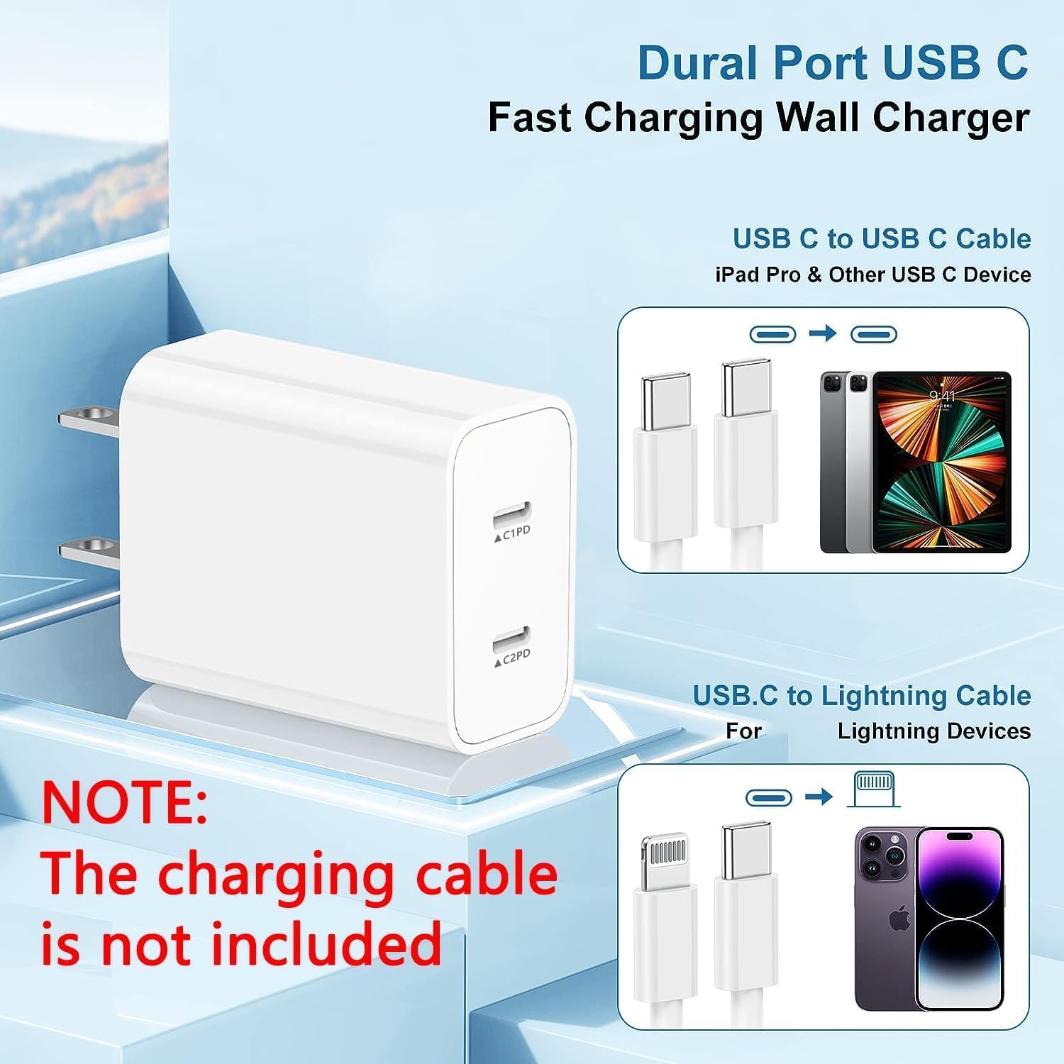 USB C Fast Charger Block,USB C Charging Block 2-Pack USB C 2in1 Dual Ports Plug Wall Charger, Fast Type C Charger for iPhone 16/16 Pro/15 Pro Max/15 Plus/14/13/12/11/Xs Max/XR/X,iPad