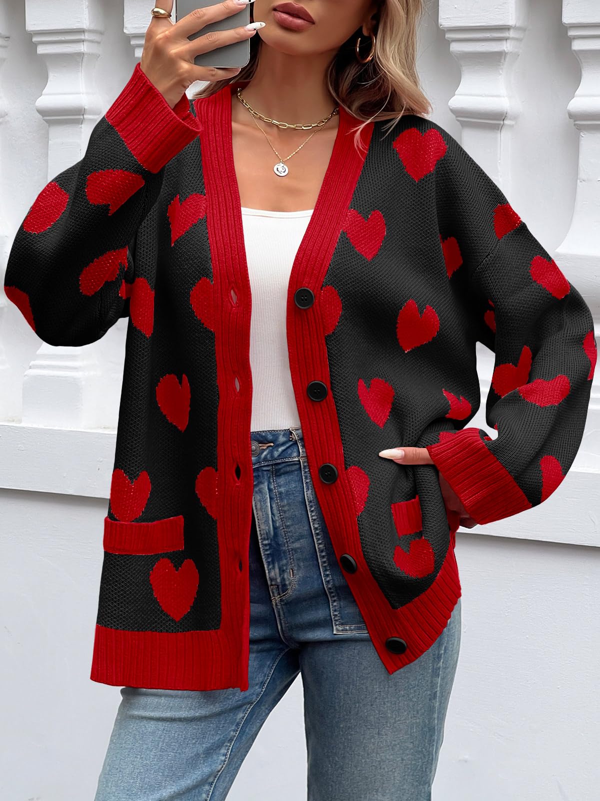 Saodimallsu Womens Oversized Heart Cardigan Color Block V Neck Button Long Sleeve Chunky Valentines Sweaters Black