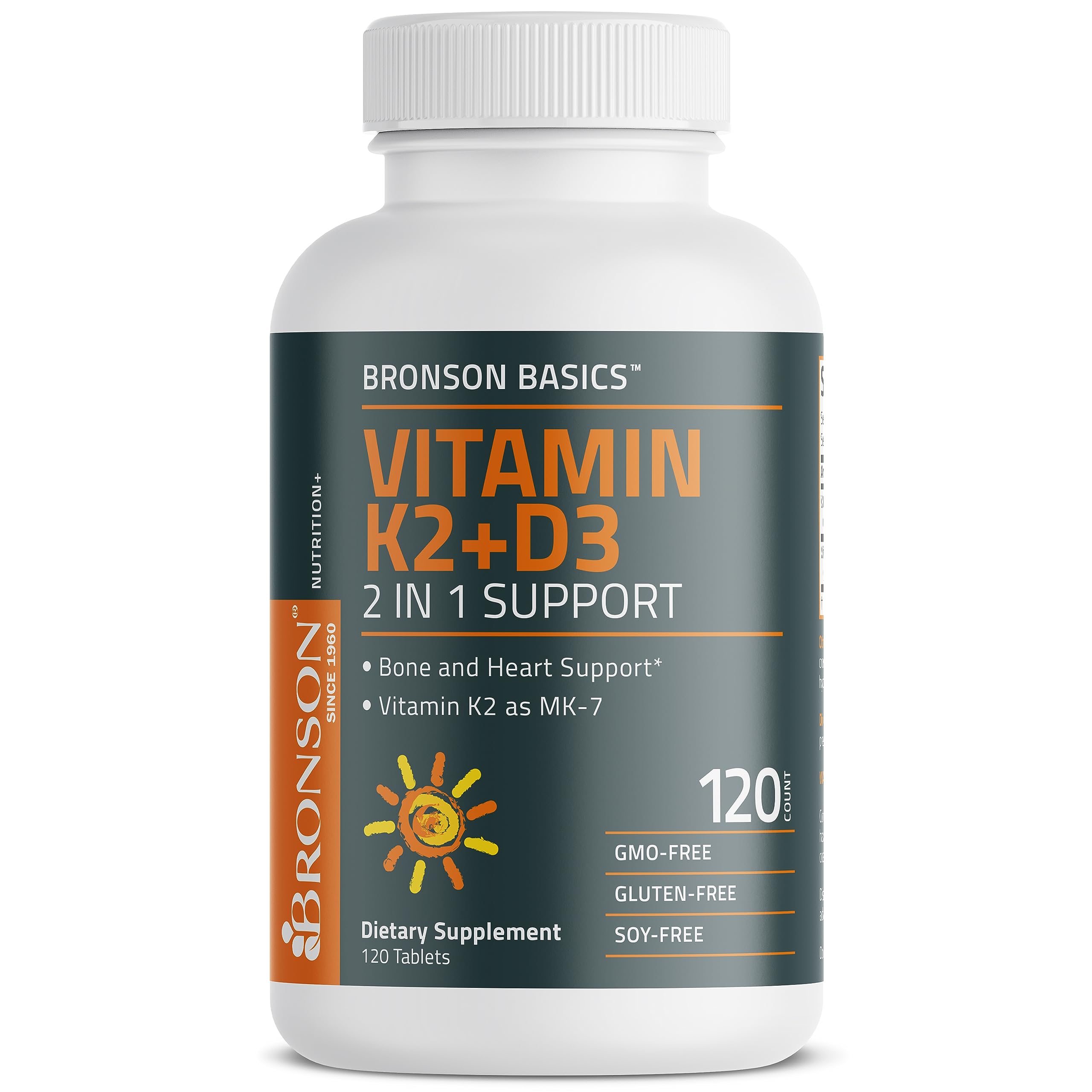 Bronson Basics Vitamin K2 D3 (MK7) Supplement Non-GMO Formula 5000IU (125 mcg) Vitamin D3 & 90 mcg Vitamin K2 MK-7 Easy to Swallow Vitamin D & K Complex, 120 Tablets