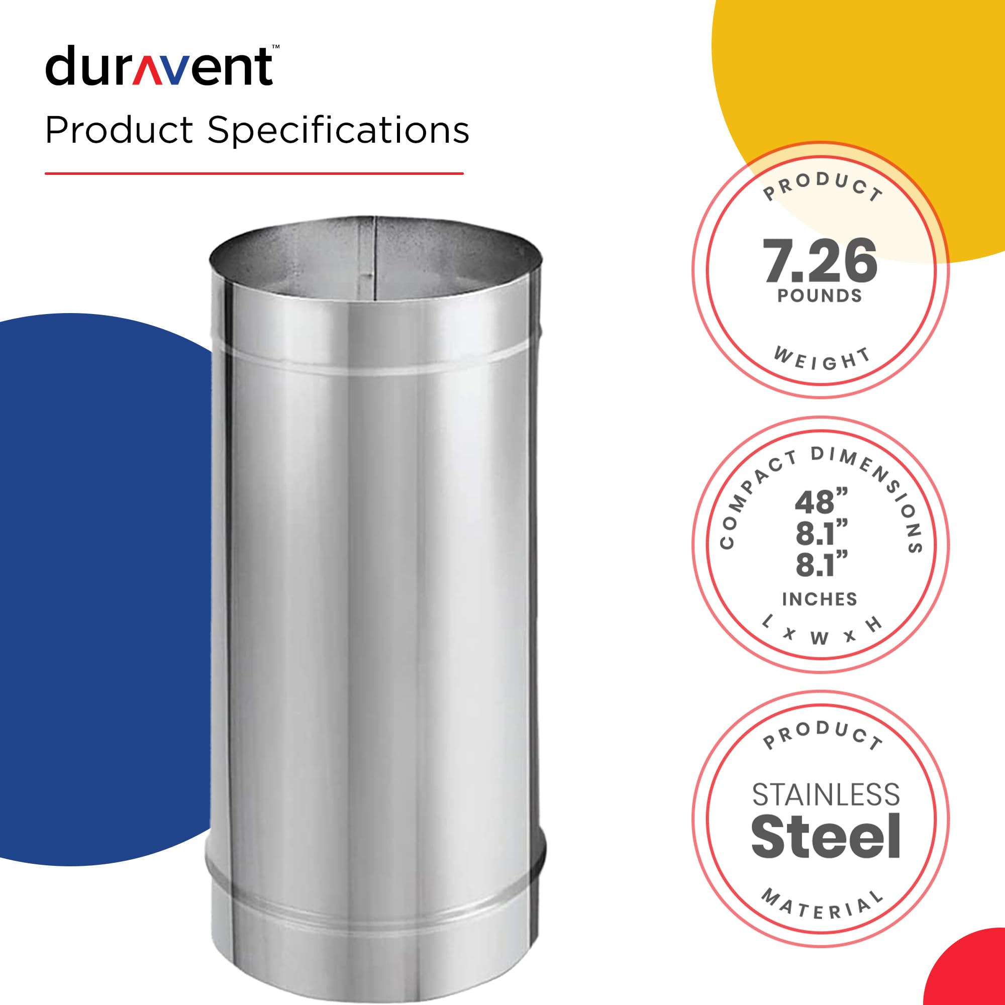 DuraVent DuraBlack 48 x 8 Inch Inner Diameter Stainless Steel Adjustable Single Wall Stove Pipe for Smoke and Exhaust with Lock Seamed Design, Silver