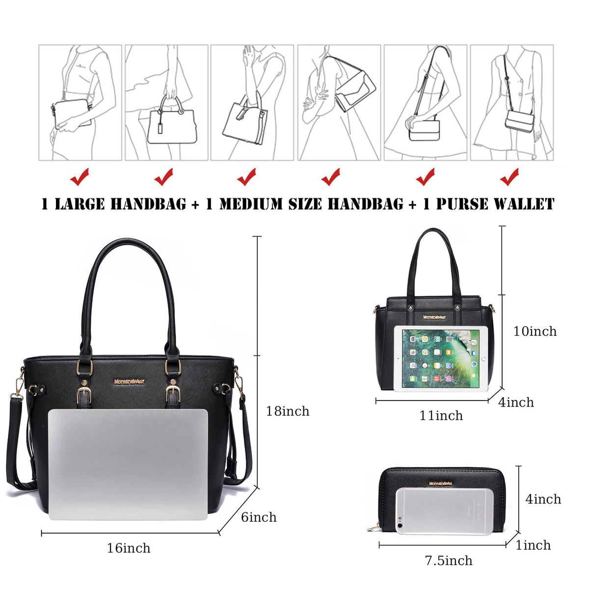 Montana West Purses and Handbags for Women Tote Purse and Wallet Set Shoulder Satchel Bag for Women 3pcs MWC3-C032WBK
