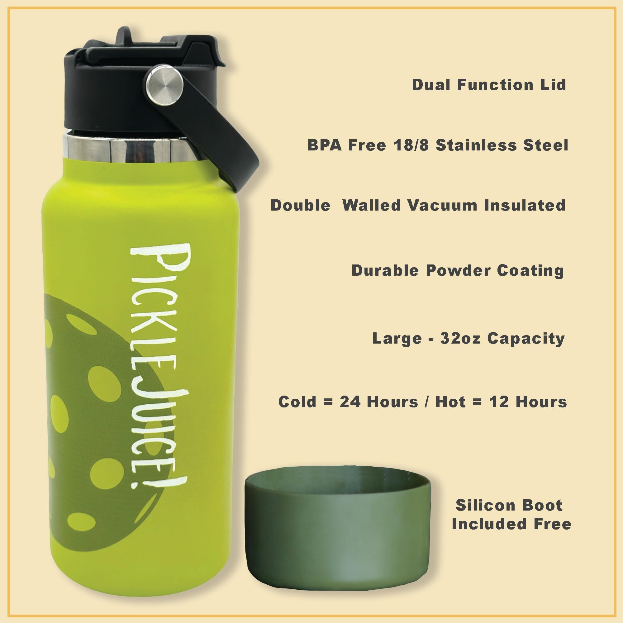 Maui Pickleball Co.™ Pickleball Bottle Pickleball Gifts 32oz Insulated Stainless Steel Water Bottle Funny Pickleball Gift PickleBall Accessories Sip/Straw Lid Pickleball Bottle