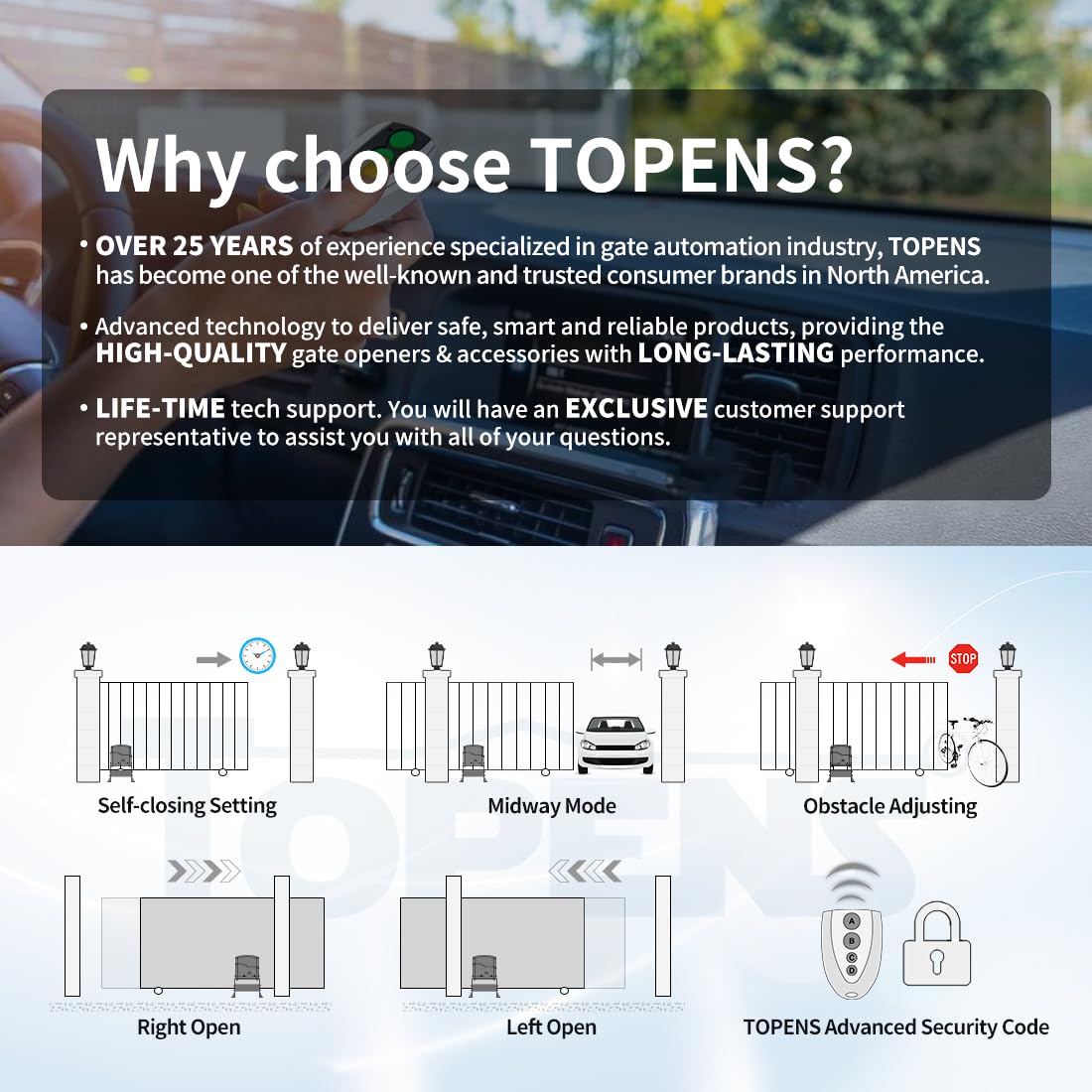 TOPENS CK700 Automatic Sliding Gate Opener Chain Drive Electric Gate Motor for Heavy Driveway Slide Gates Up to 1600 Pounds, Security Gate Operator AC Powered with 20ft Roller Chain and Remote Control