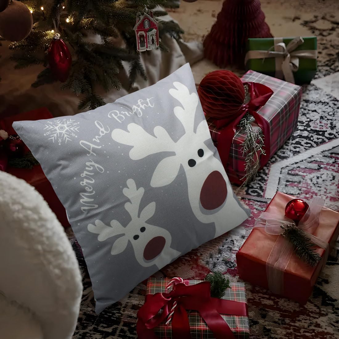 PSDWETS Christmas Pillow Covers 18x18 Set of 4 Christmas Decorations Snowman Deer Christmas Tree Winter Holiday Decor Throw Cushion Case for Home Couch