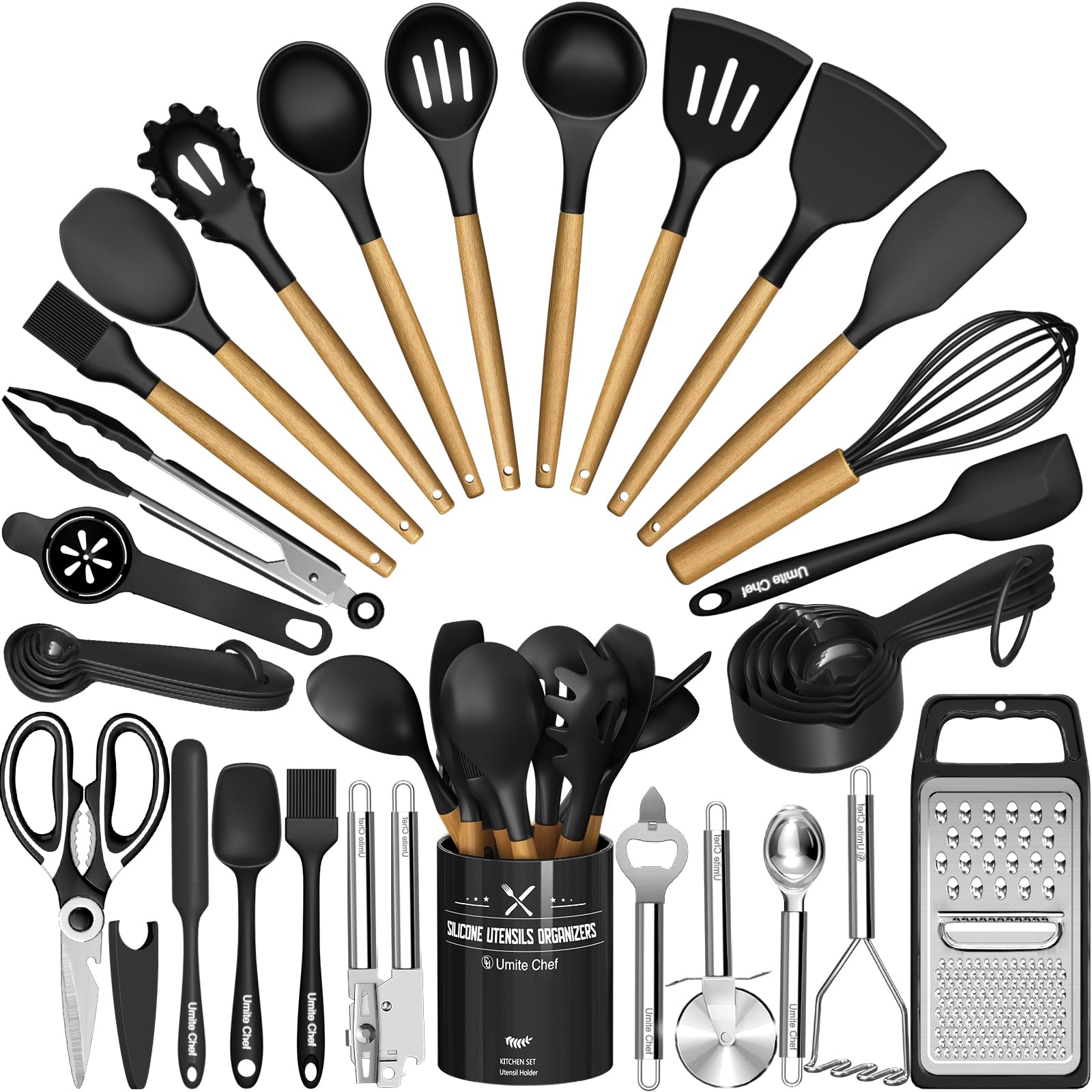 Kitchen Utensils Set- 34PCS Silicone Cooking Utensils with Holder, Umite Chef Heat Resistant Kitchen Utensil Spatula Set for Nonstick Cookware, Black Wooden Handles Kitchen Gadgets Tools Set