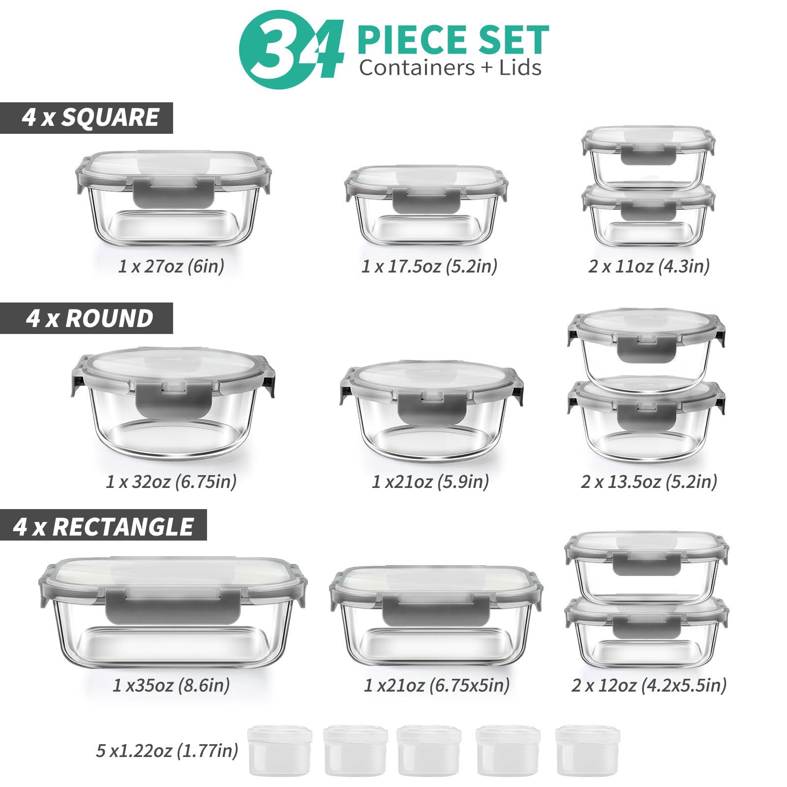 34pcs Glass Food Storage Containers with Lids Set, Airtight Glass Meal Prep Containers (17 Containers & 17 Lids),Leak Proof Lunch Containers BPA-Free, Microwave, Oven, Freezer, Dishwasher,Grey