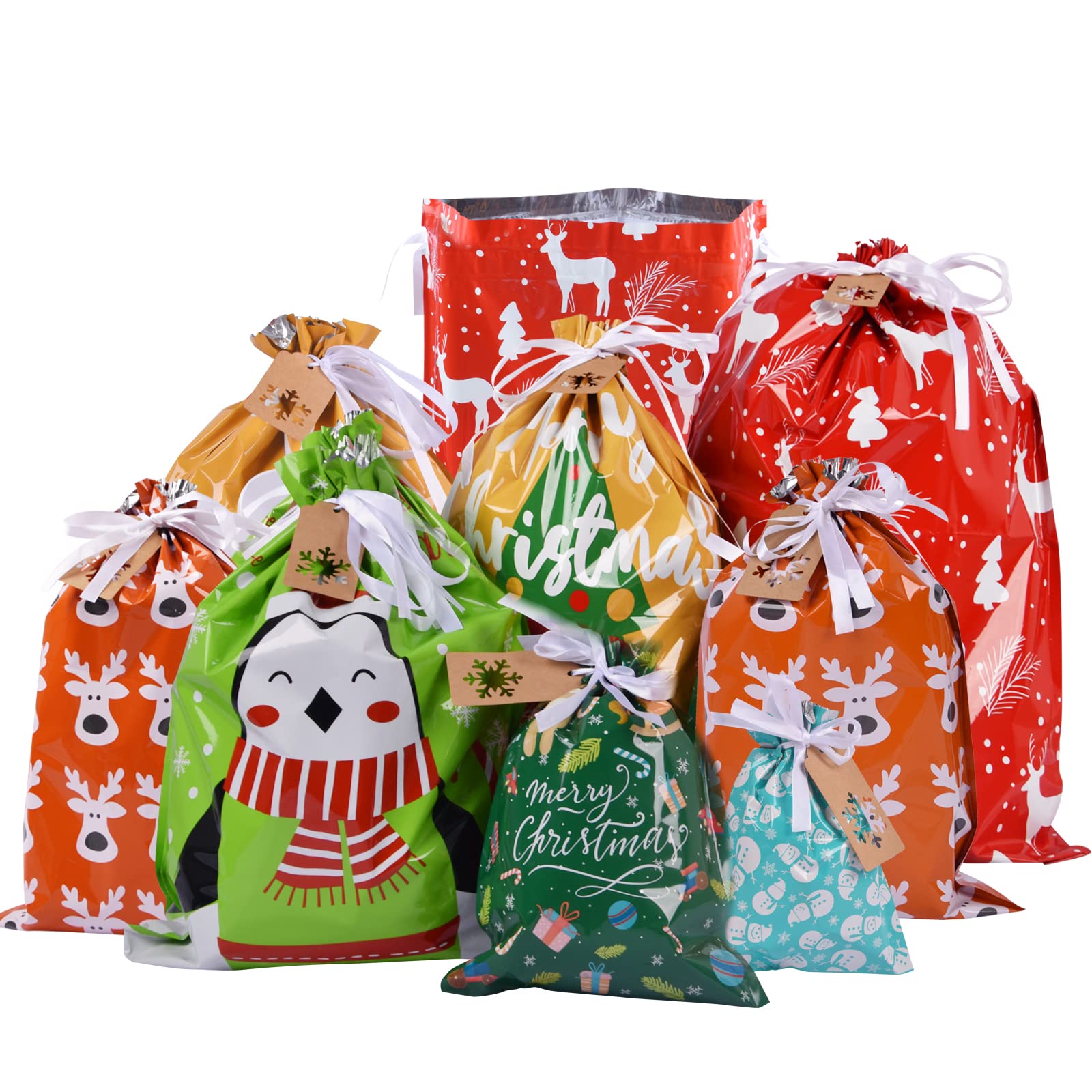 Drawstrings Christmas Gift Bags Assorted Sizes, 34Pcs Holiday Gift Bag Bulk Christmas Bags For Gifts, Reusable Plastic Xmas Presents Wrapping Bags Favor Goody Bags Jumbo/Extra Large/Medium/Small Size