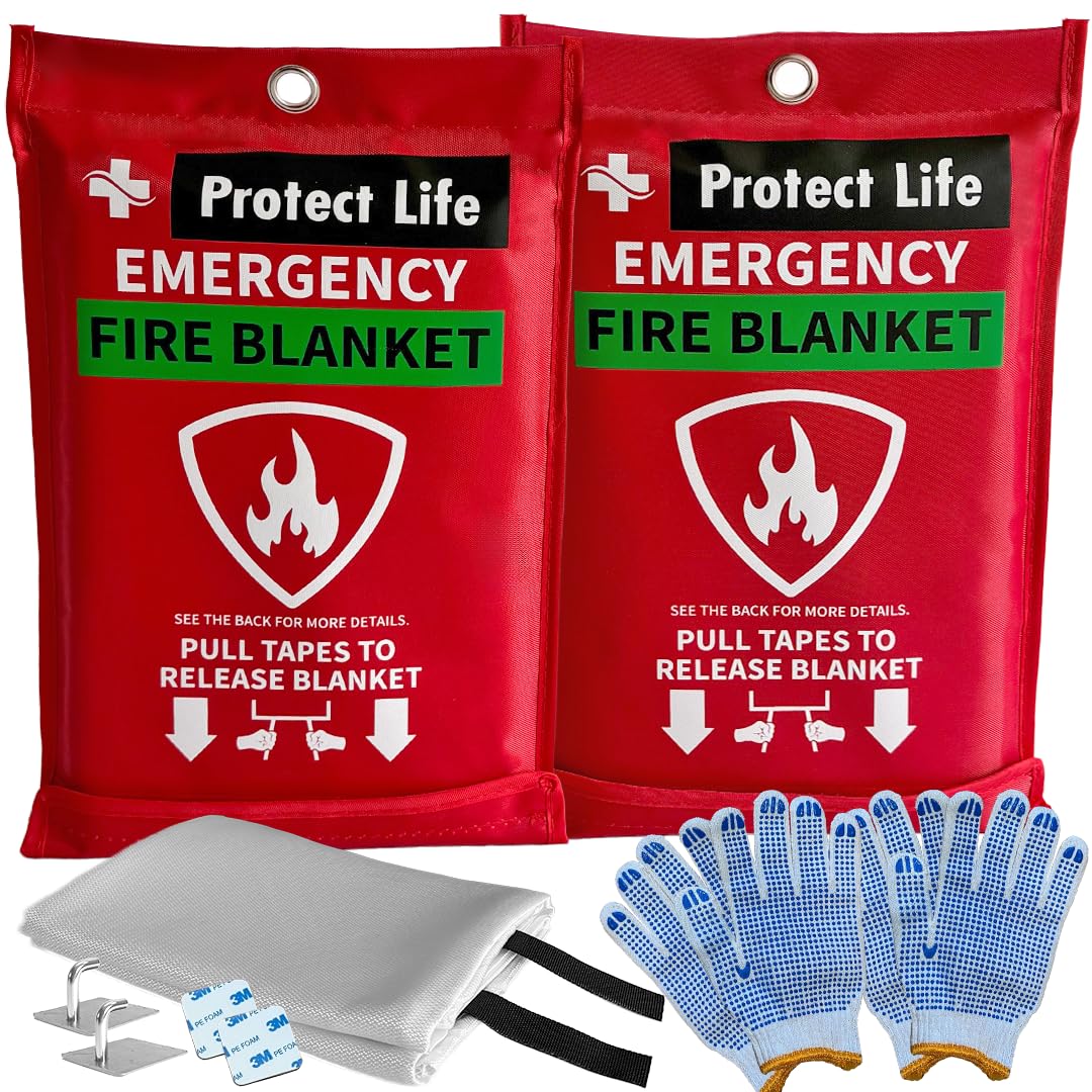 Protect Life Fire Blankets Emergency for Home & Outdoors, 40" x 40" Emergency Fire Blanket for Kitchen, Cooking & Clothing Fire Suppression Blanket, Fire Safety Blanket, Quick & Easy to Use, (2 Pack)