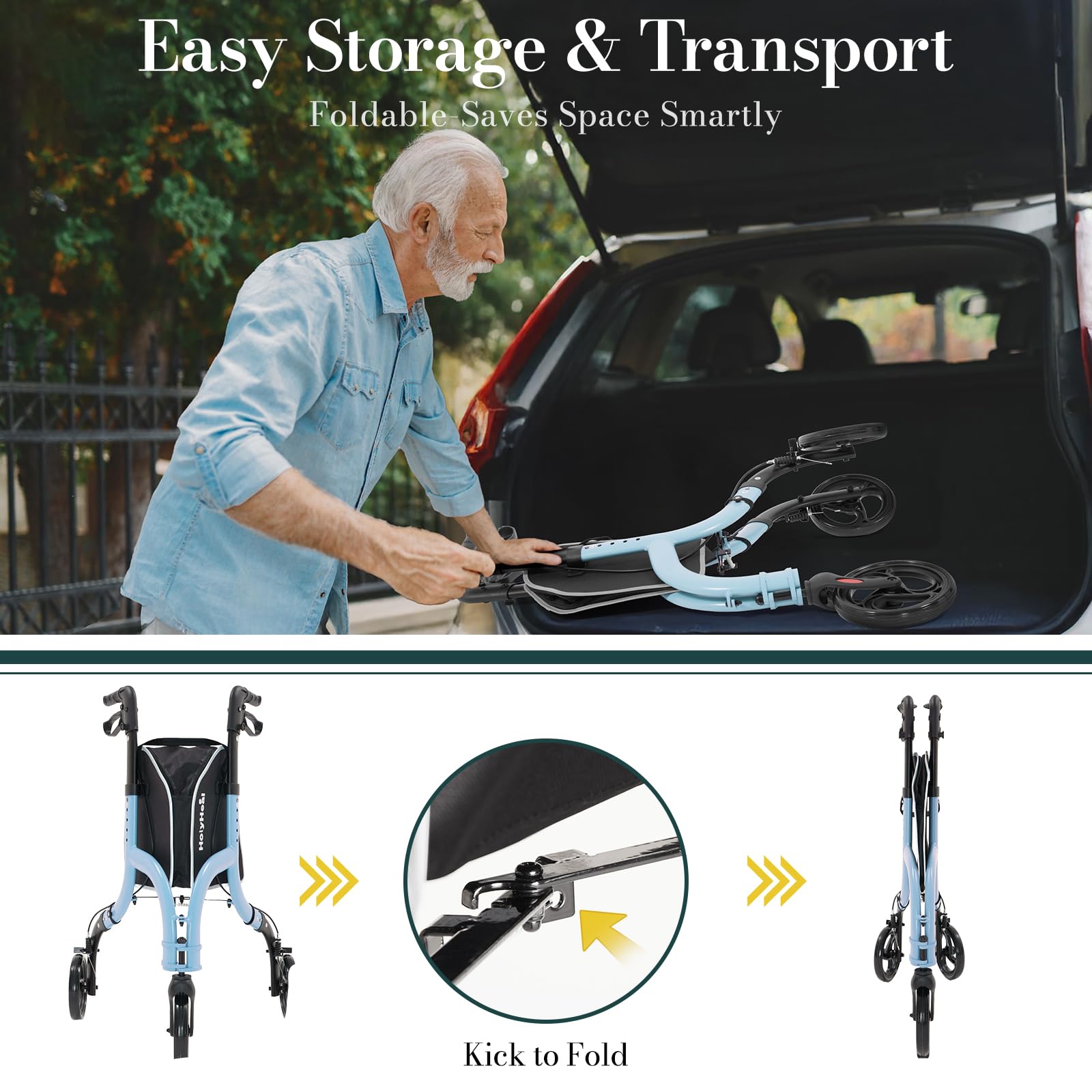 HolyHeal 3 Wheel Walkers for Seniors, Lightweight Rollator Walkers Foldable for Elderly with Cane Hold and Cup Hold, Height Adjustable Aluminum Three Wheel Rolling Walker Mobility Aid, Blue