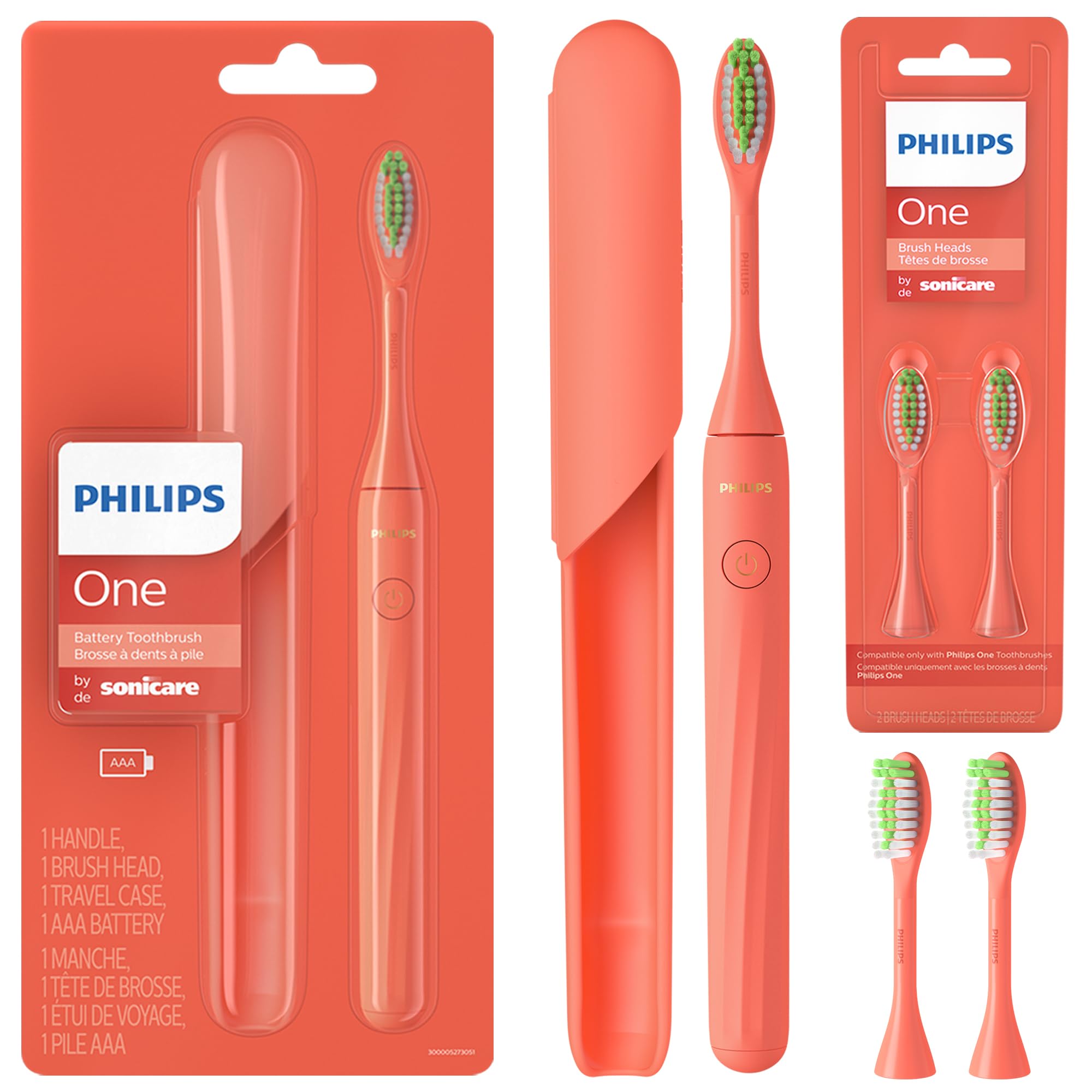 Philips One by Sonicare Battery Toothbrush, Brush Head Bundle, Miami Coral, BD1001/AZ