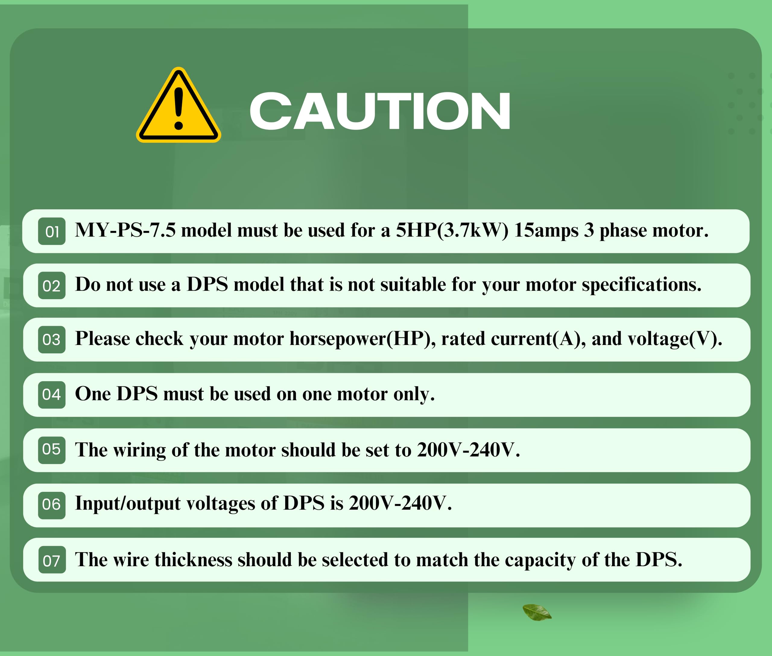 DPS Single-Phase to 3-Phase Converter, My-PS-7.5 Model Must Be Only Used on 5HP(3.7kW) 15 Amps 200-240V 3-Phase Motor, One Must Be Used on One Motor Only, Input/Output 200V-240V, Digital Type