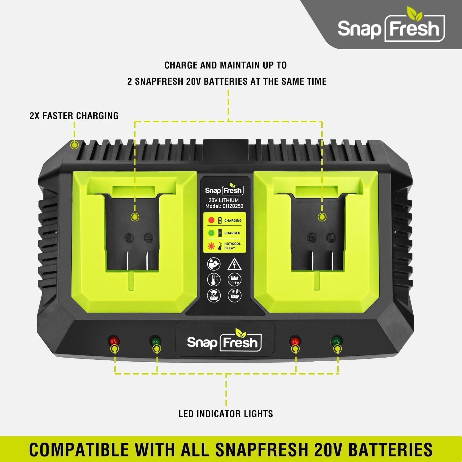 2 Port 20V Battery Fast Charger (CH20252), Work with of BBT-DC20A & BBT-DC40A & BBT-DC60A Only, Dual-Port Rapid Charger for All SnapFresh 20V Batteries Only