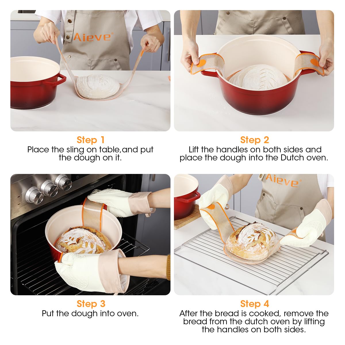 Aieve Silicone Bread Sling, Bread Sling Dutch Oven Silicone Baking Mat Sling 2 Pack