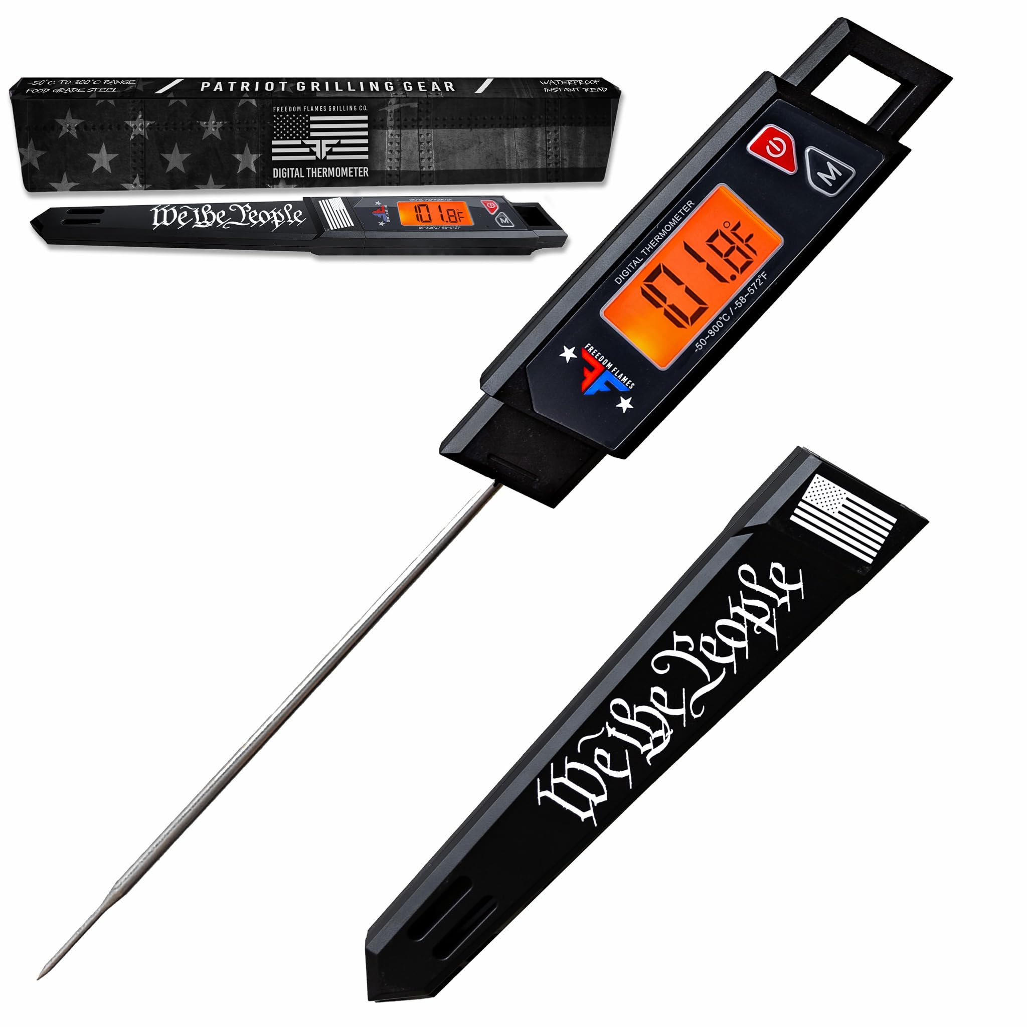 Freedom Flames BBQ Bayonet - Digital Meat Thermometer for Grill & Kitchen Cooking, Quick Read Waterproof Backlit Temperature Probe, Great Gift for Grilling, Smoking, Frying Oil & Baking (Black)