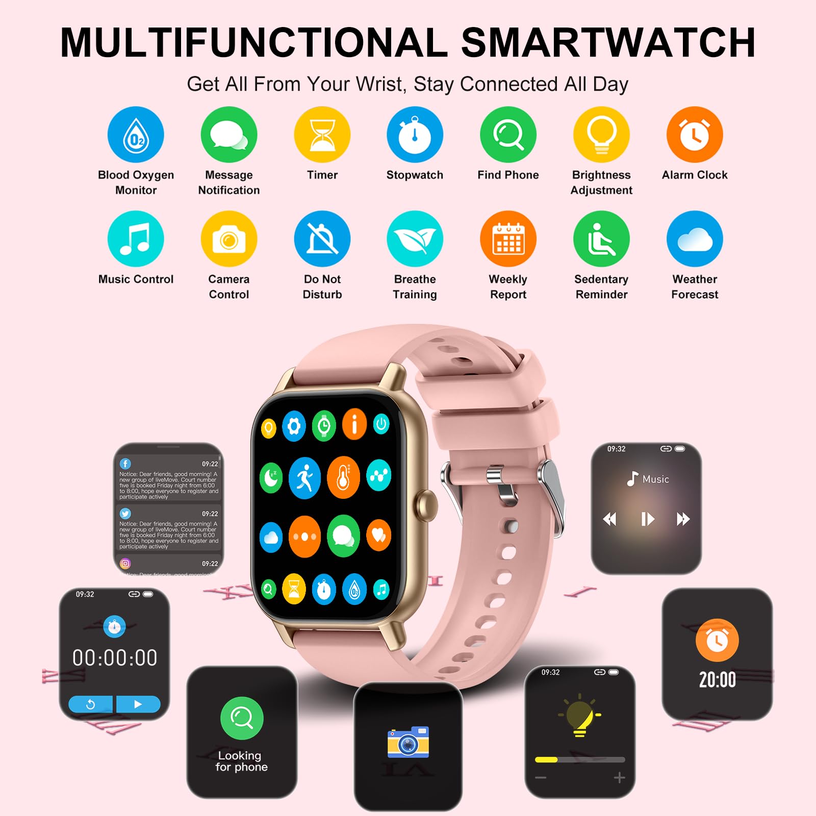 Smart Watch (Answer/Make Calls), 1.85" Smart Watches for Men Women 110+ Sport Modes Fitness Tracker with Sleep Heart Rate Monitor, Pedometer, IP68 Waterproof Fitness Watch for iOS Android, New Pink