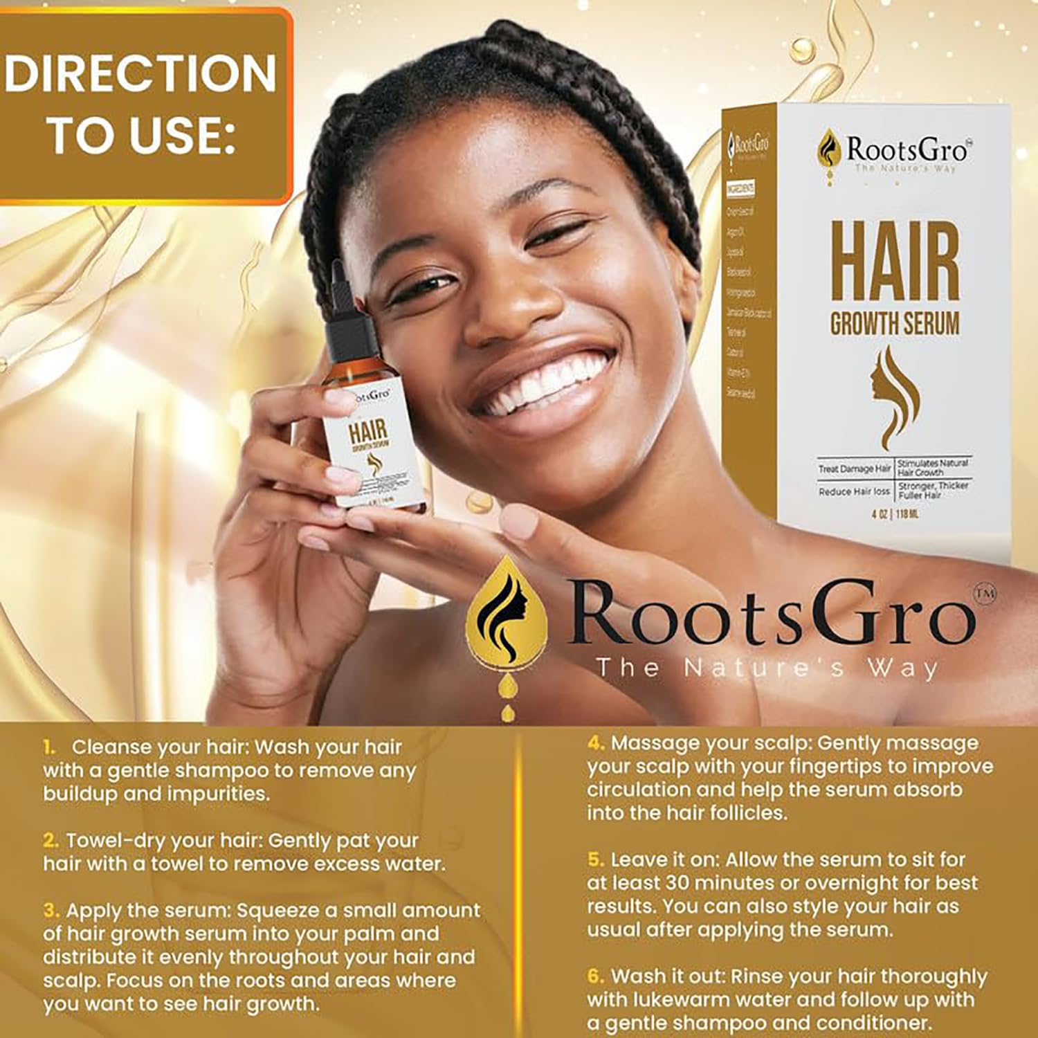 RootsGro 100% Natural Hair Growth Serum - Potentially Supports Hair Repair, Nourishes for Thicker, Fuller Hair - Infused with Argan, Jojoba, Castor Oils - Ideal for Daily Hair Care Routine - 4oz
