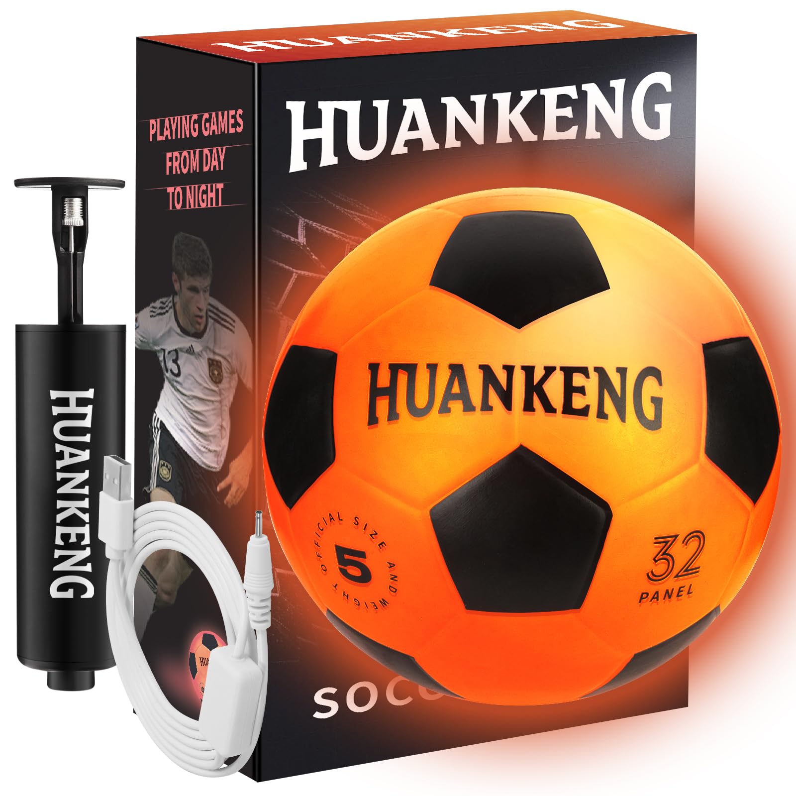 HuanKeng Rechargeable Glow in The Dark Soccer Ball Birthday Gifts for 6 7 8 9 10 11 12 13 14 15 Year Old Boys, NO.5 Sports Outdoor Light Up Soccer Ball Games Stuff for Teen Kids Boy Toys Ages 6-15