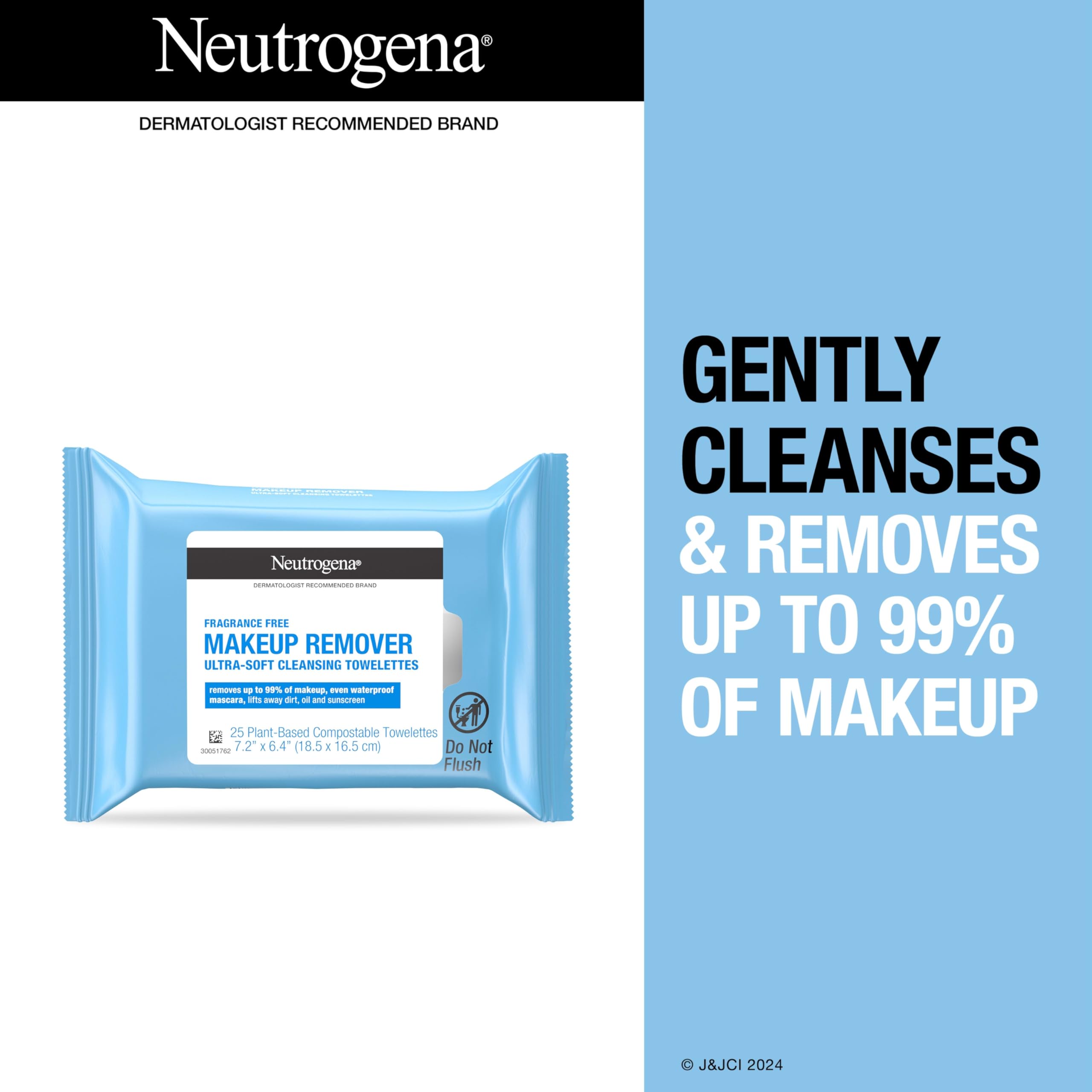 Neutrogena Cleansing Fragrance Free Makeup Remover Face Wipes, Cleansing Facial Towelettes for Waterproof Makeup, Alcohol-Free, Unscented, 100% Plant-Based Fibers, Twin Pack, 2 x 25 ct