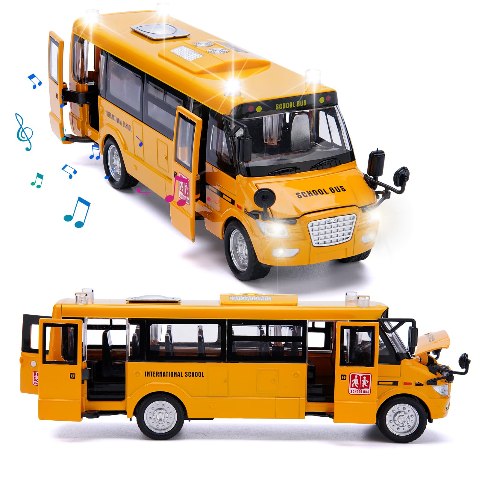 Crelloci School Bus Toy, Die Cast Model Car with Flashing Lights & Sounds, Friction Powered, Back & Side Doors Open, Large Yellow Metal Toy Vehicles, Play Bus Easter Gift for Kids Toddlers Ages 3+