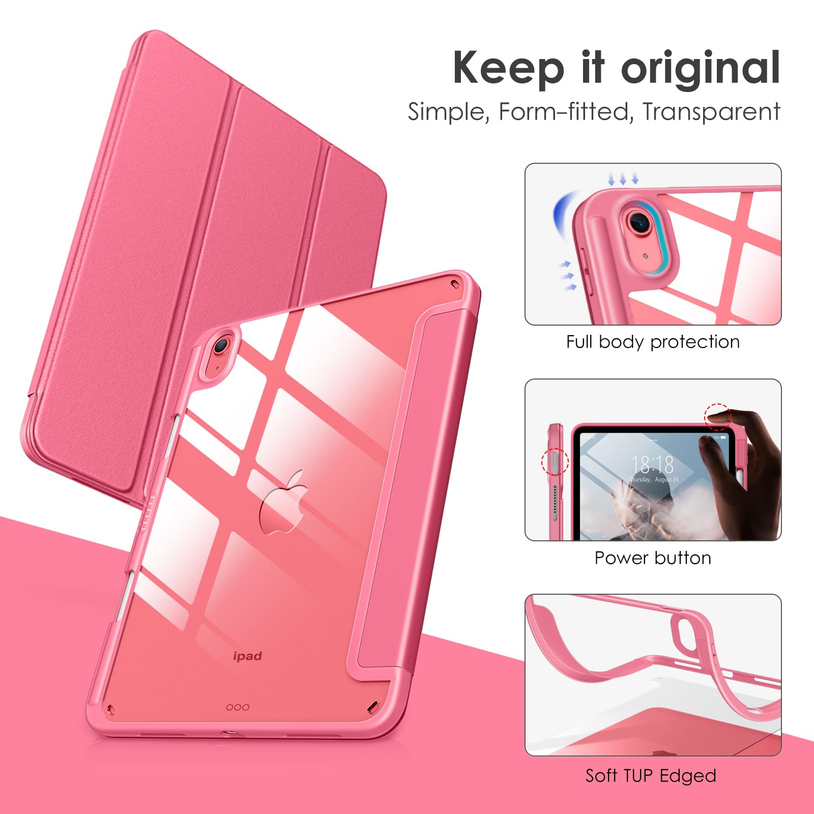 DTTOCASE for iPad 10th Generation Case 2022, 10.9 Inch Case with Clear Transparent Back and TPU Shockproof Frame Cover [Built-in Pencil Holder, Support Auto Sleep/Wake] -Watermelon