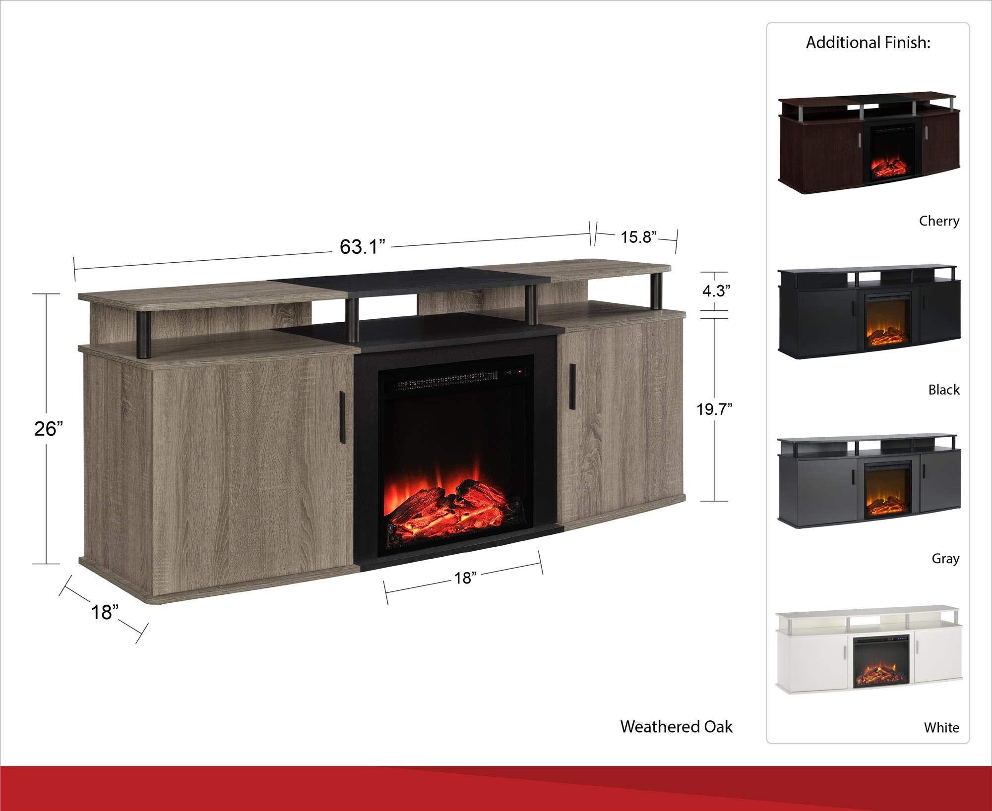Ameriwood Home Carson Fireplace TV Stand for TVs up to 70 Inch, Replaceable Electric Fireplace Insert Heater, Realistic Log and Flame Effect, for Living Room or Bedroom, Cherry