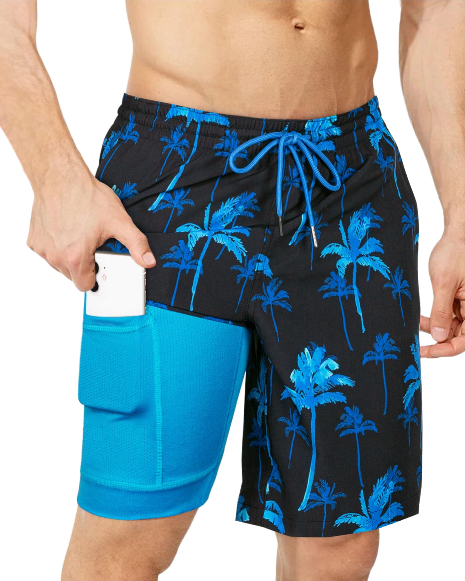 SURF CUZ 9" Mens Swim Trunks with Compression Liner Swimming Shorts 2 in 1 Stretch Quick Dry Zipper Pockets,Ocean Palm,M