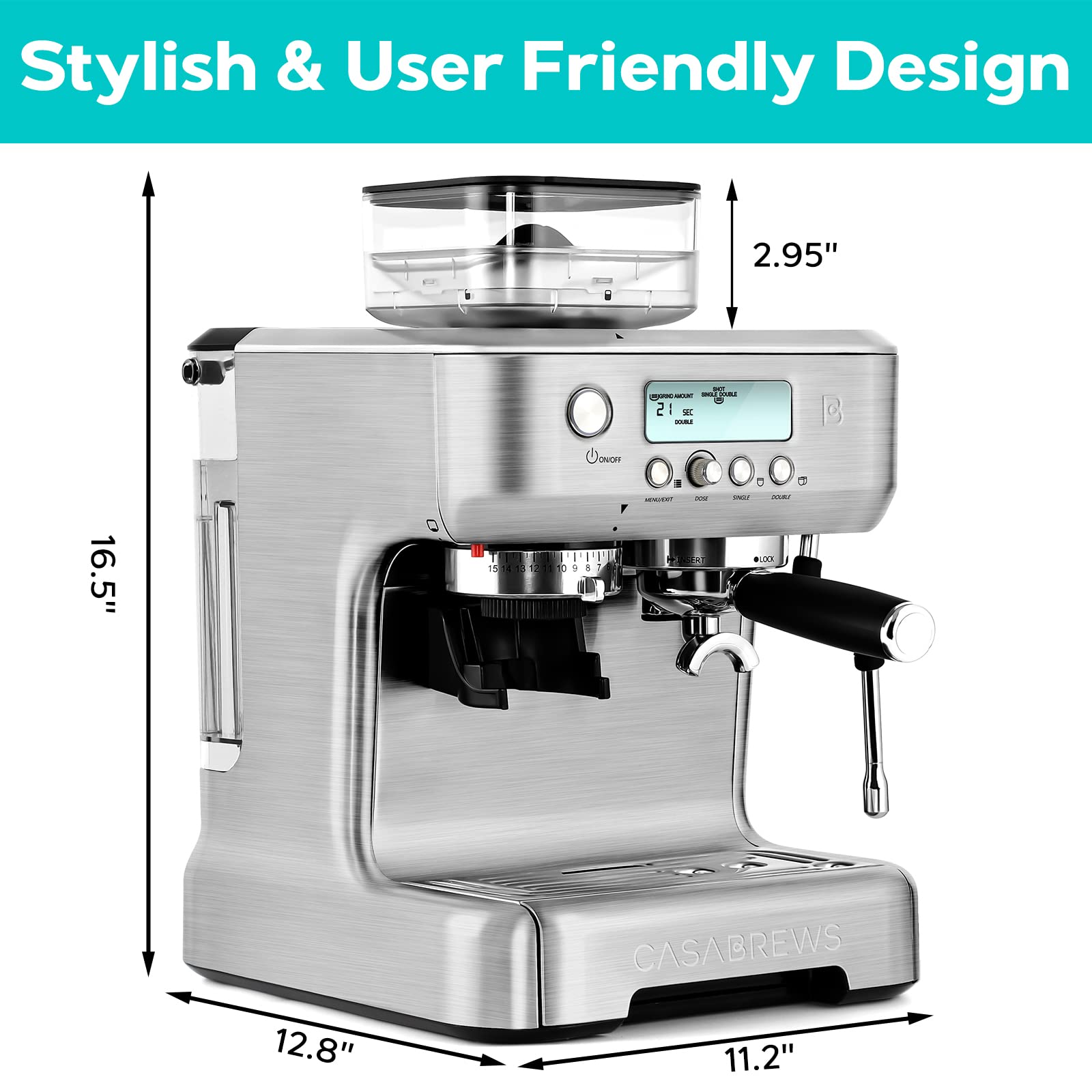 CASABREWS Espresso Machine with Grinder, Barista Espresso Maker with Milk Frother Steam Wand, Professional Cappuccino Latte Machine with LCD Display, Gifts for Dad, Mom and Coffee Enthusiast