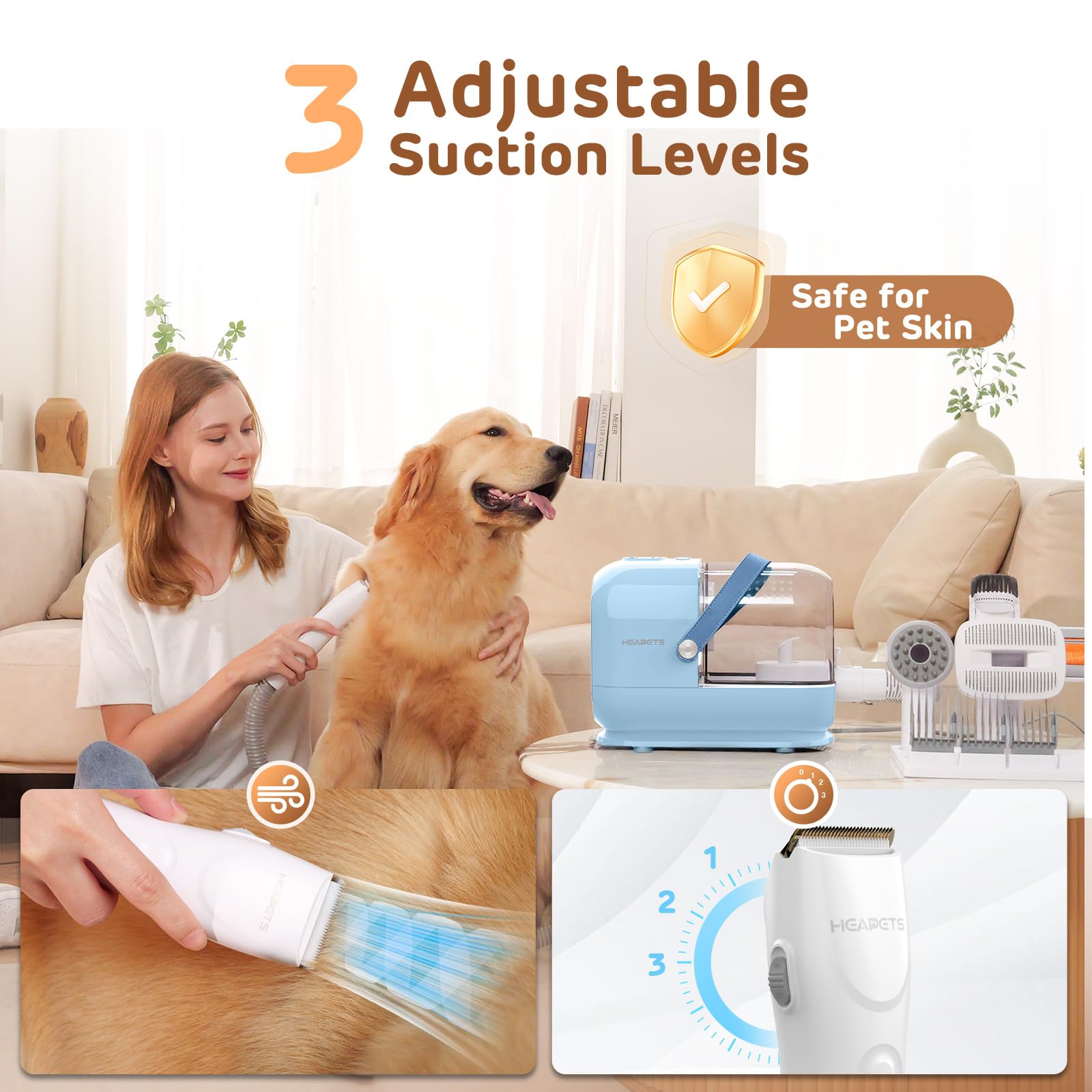 HEAPETS Dog Grooming Vacuum Kit, 3L Pet Grooming Vacuum with 7 Pet Grooming Tools, Dog Vacuum for Shedding Grooming at Home with Low Noise Electric Clipper and Brush, Blue-Light Blue