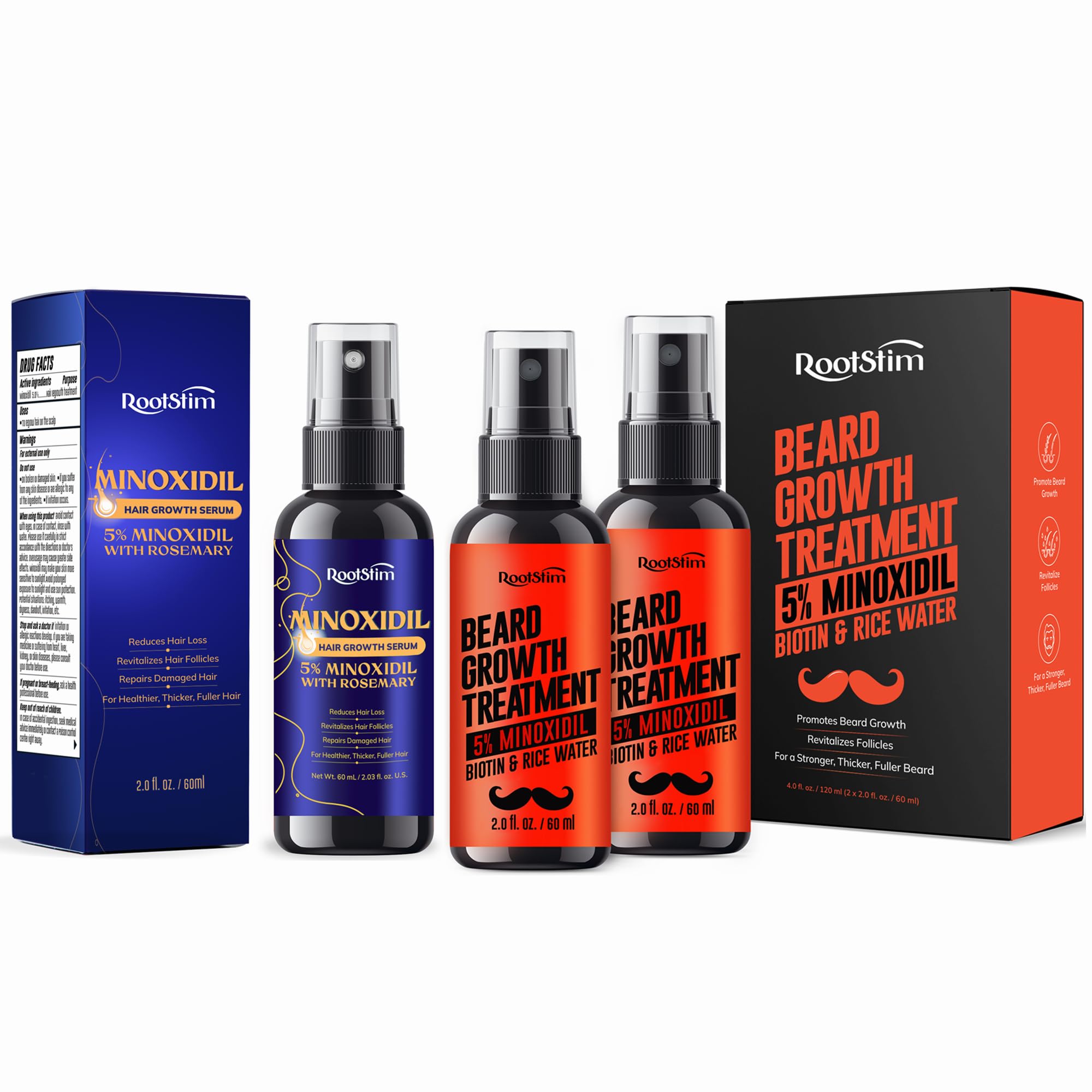 Hair & Beard Growth Bundle for Men and Women – Extra Strength Hair Regrowth Serum with Rosemary + Beard Growth Spray with Biotin & Rice Water – Promotes Thicker, Fuller Hair & Beard – 60ML + 4.06 FL O