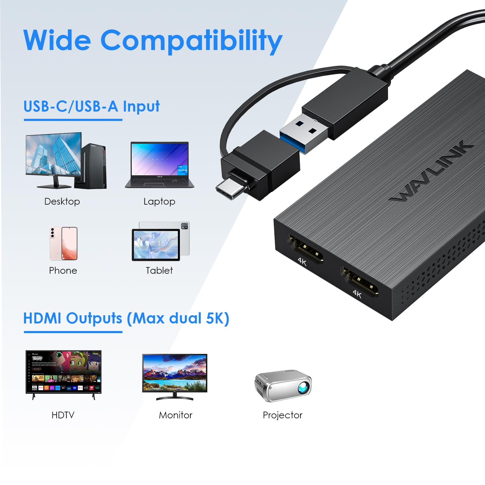 WAVLINK USB 3.0 or USB C to Dual HDMI Splitter Extended Display for Dual Monitor, Displaylink Adapter Dual HDMI 4K 60Hz for Apple Mac M1/M2/M3 or Windows 10/11, USB A/C to HDMI 4K Output