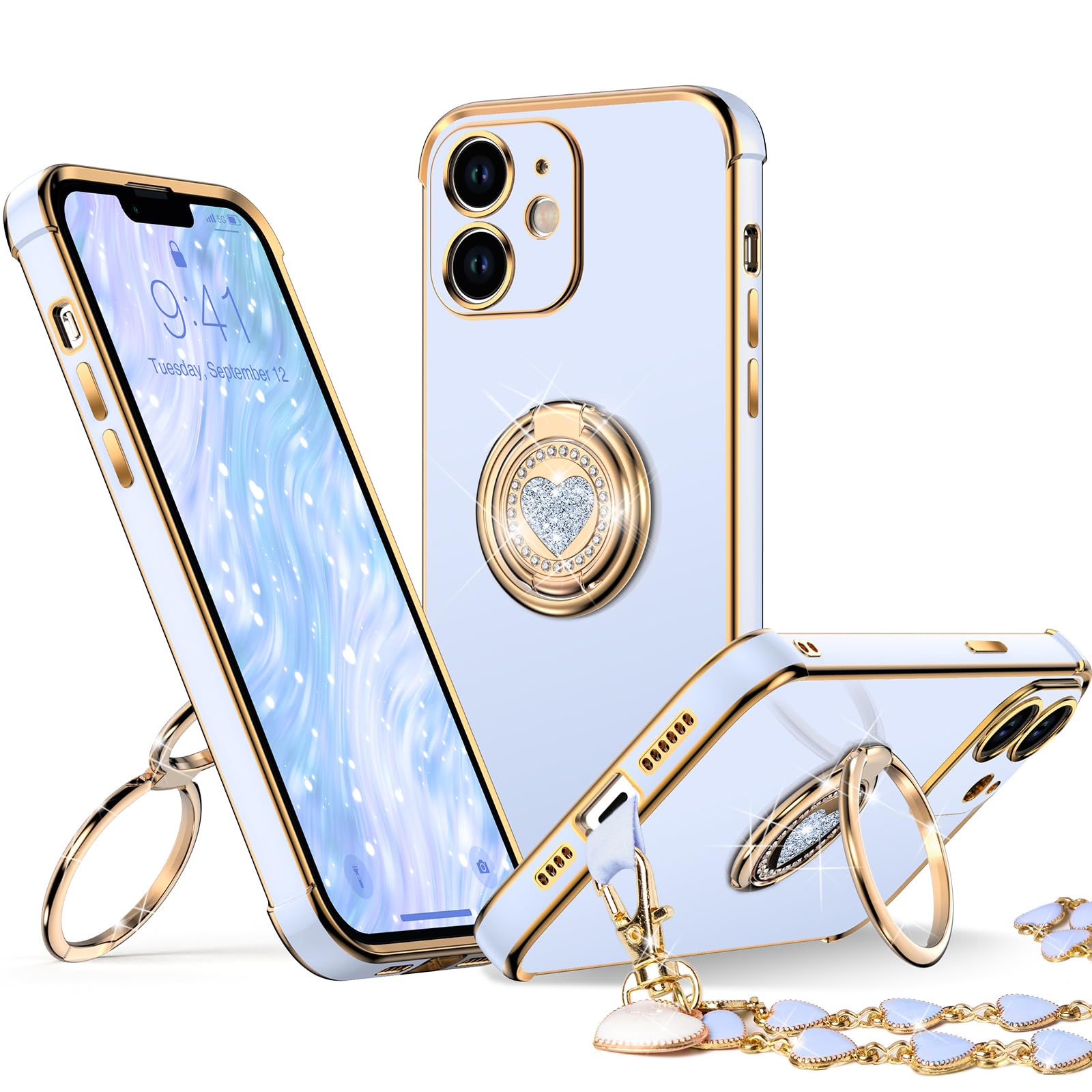 XYZ for iPhone 12 Case with Stand, Phone Case with Double Ring Kickstand, Women Girl Cute Love-Heart Luxury Bling Protective Case Heart for iPhone 12, Blue