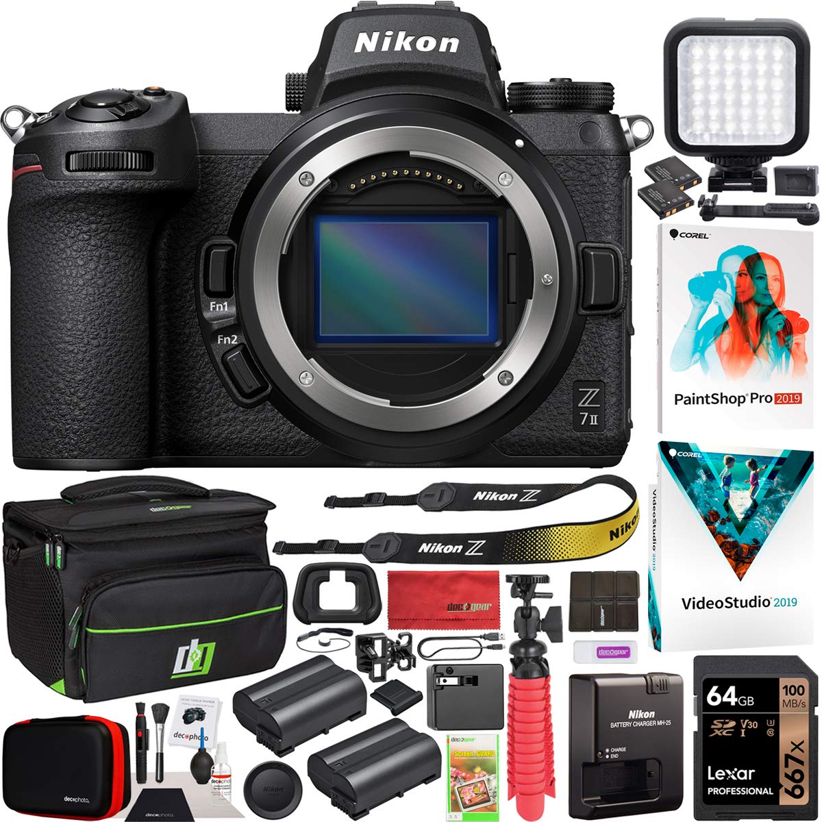 Nikon Z7II Mirrorless Camera Body FX-Format Full-Frame 4K UHD Video 1653 Bundle with Deco Gear Travel Bag Case + Extra Battery + Photography LED + Photo Video Editing Software Kit & Accessories