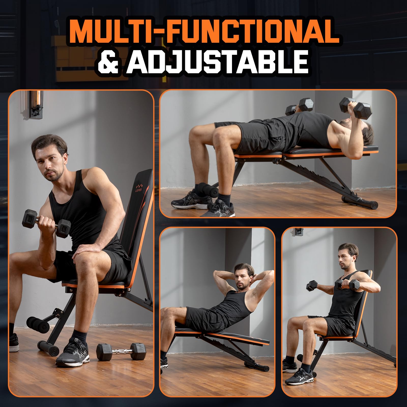 Lusper Weight Bench for Home Gym, Adjustable and Foldable 700LB Weight Bench, Multi-Purpose Workout Bench for Bench Press Sit up Incline Flat Decline